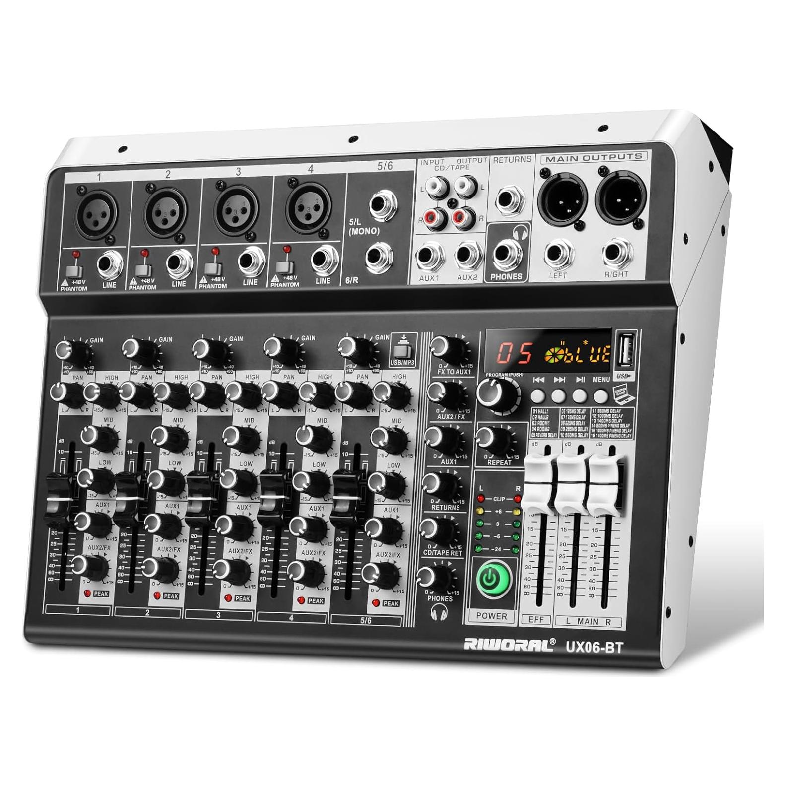 Consola de Mezcla de Audio 6 Canales Bluetooth +48V Phantom