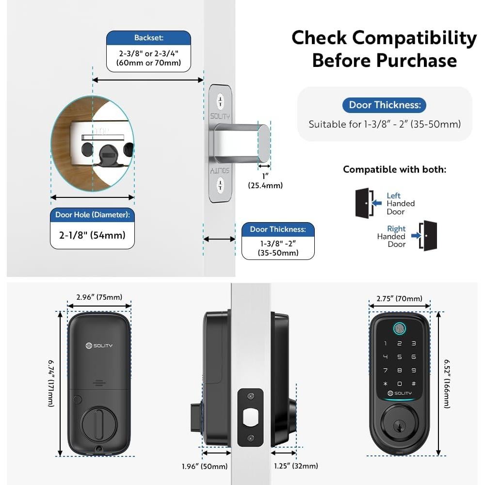 Cerradura Digital Biométrica Solity GT10BK, Wi-Fi, Negro Mate