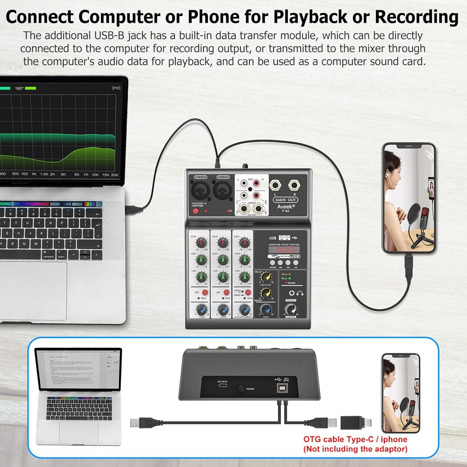 Mezclador de Audio Aveek 4 Canales Bluetooth USB 48V