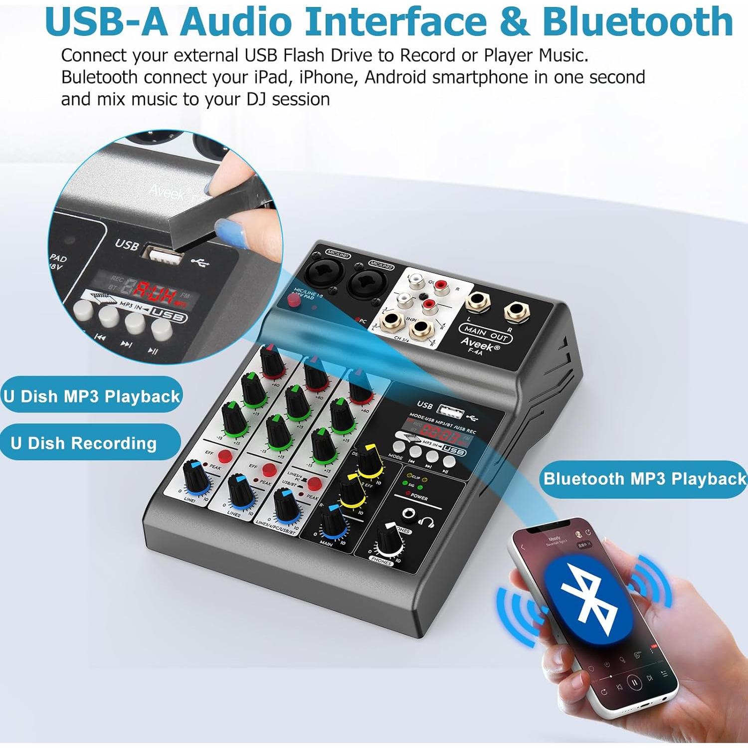 Mezclador de Audio Aveek 4 Canales Bluetooth USB 48V