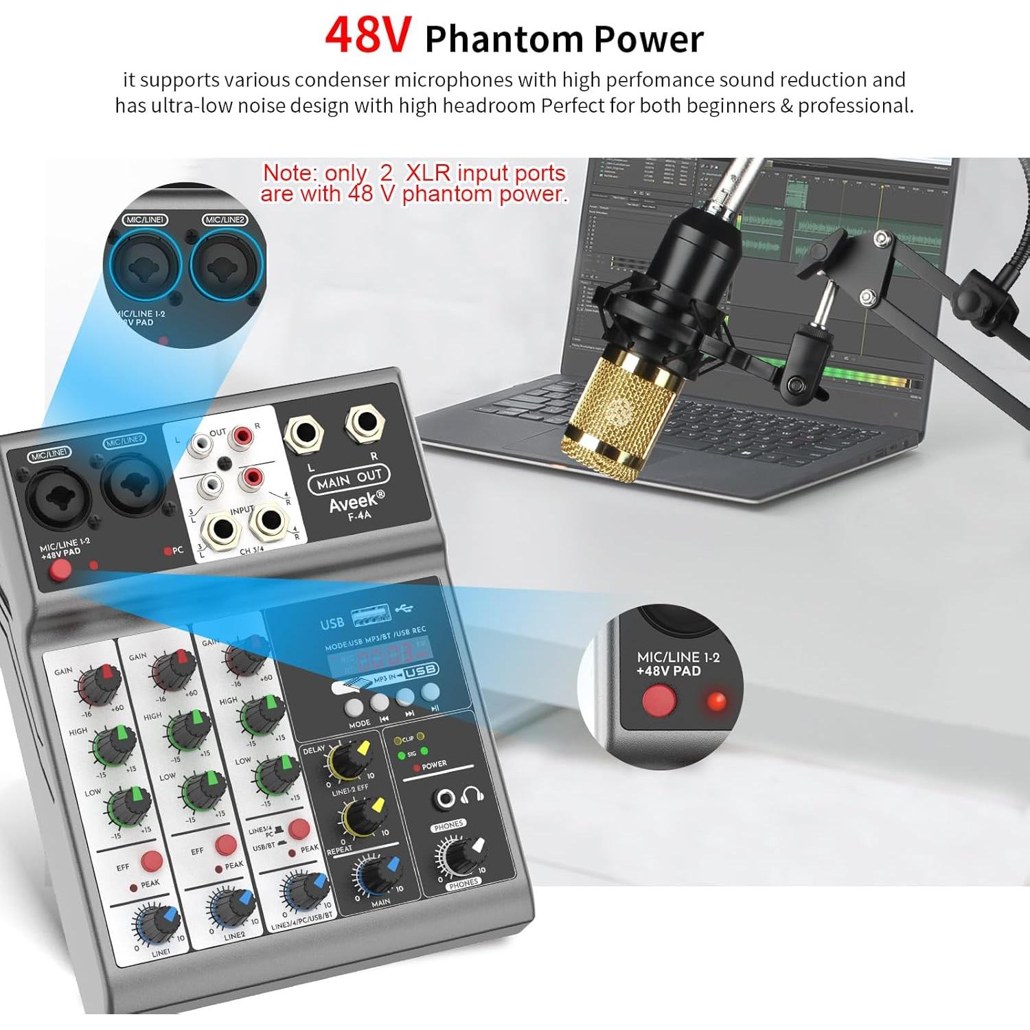 Mezclador de Audio Aveek 4 Canales Bluetooth USB 48V