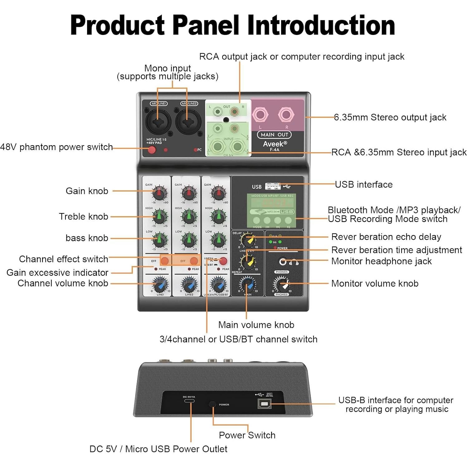 Mezclador de Audio Aveek 4 Canales Bluetooth USB 48V