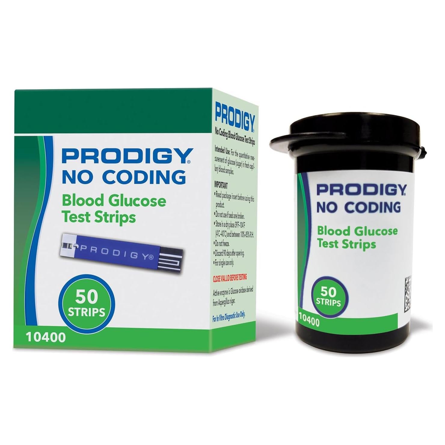 Tiras de Prueba Glucosa PRODIGY 10400 Sin Codificación 50u