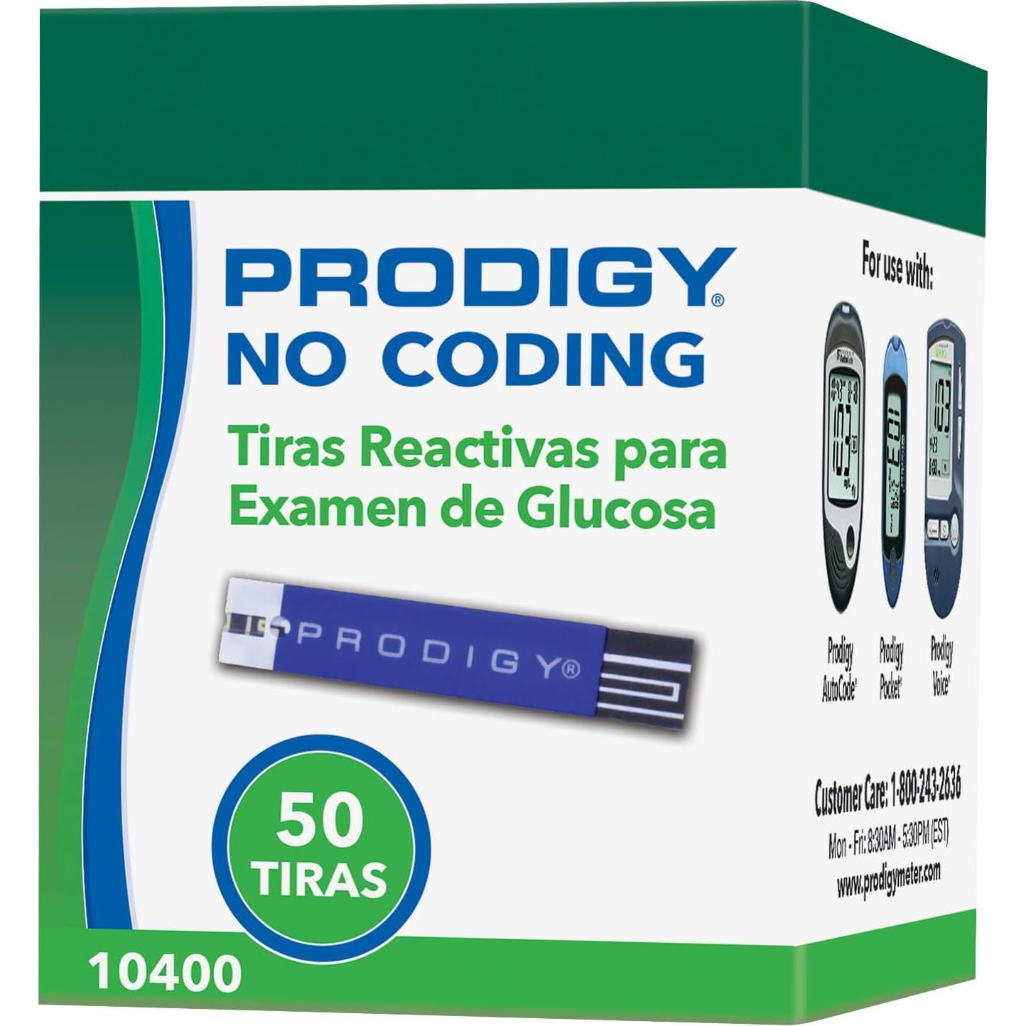 Tiras de Prueba Glucosa PRODIGY 10400 Sin Codificación 50u