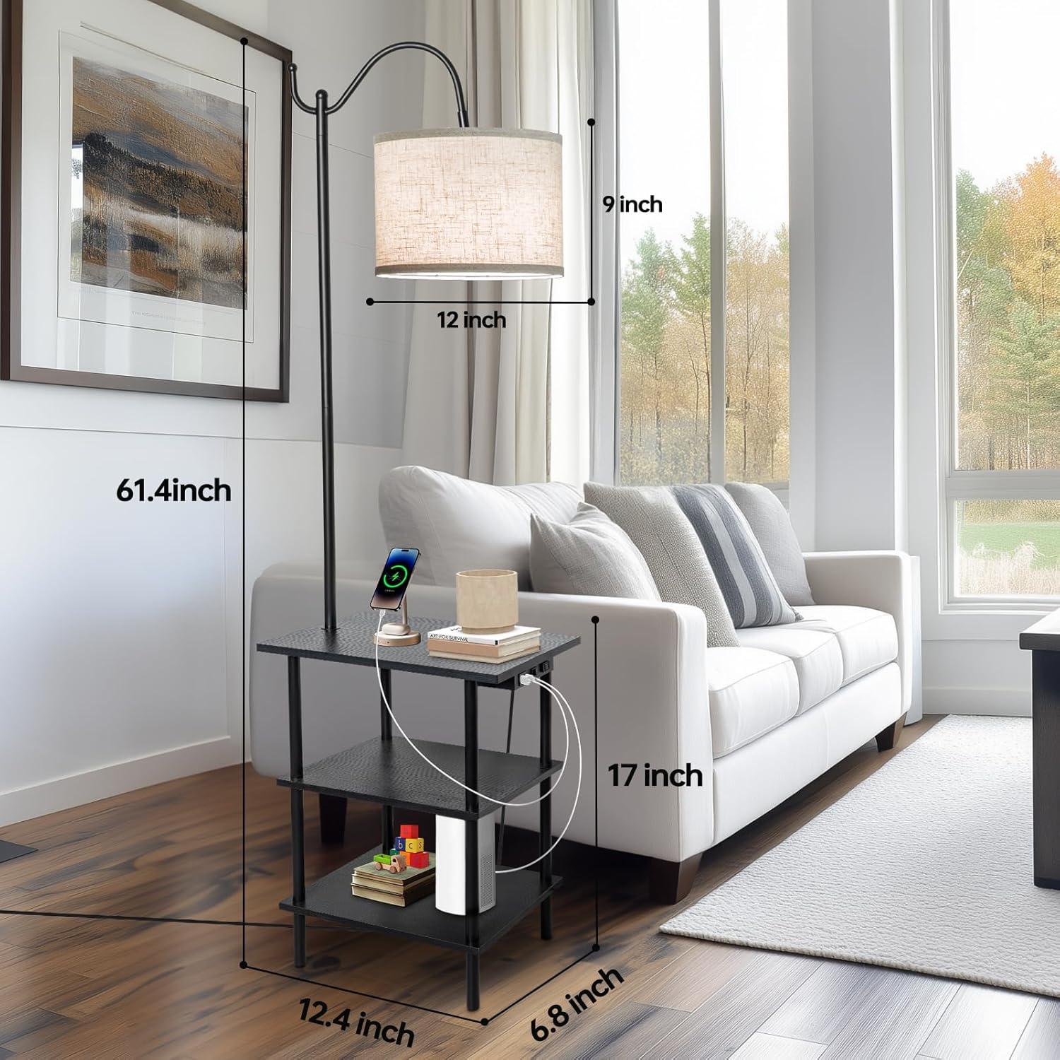 Lámpara de Pie EOEYYOYB con Estantes y Carga USB, Negra