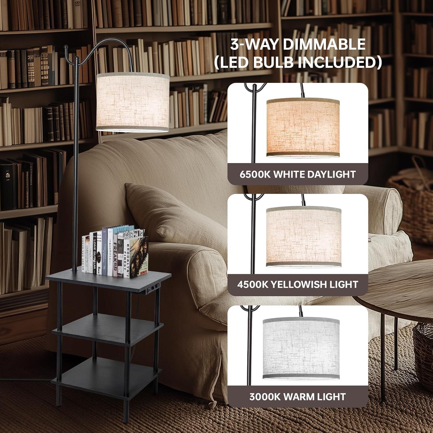 Lámpara de Pie EOEYYOYB con Estantes y Carga USB, Negra