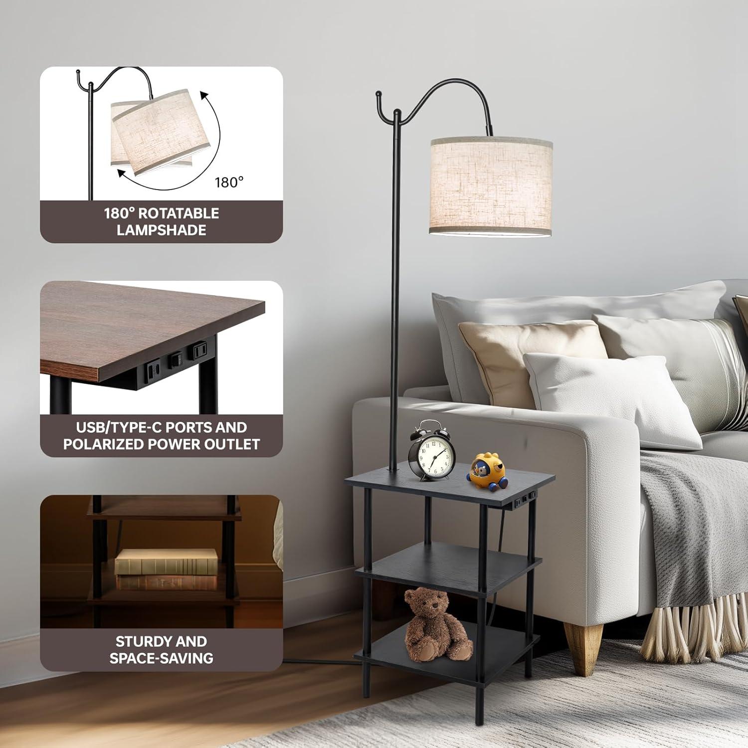 Lámpara de Pie EOEYYOYB con Estantes y Carga USB, Negra