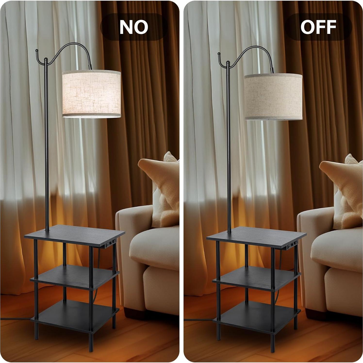 Lámpara de Pie EOEYYOYB con Estantes y Carga USB, Negra