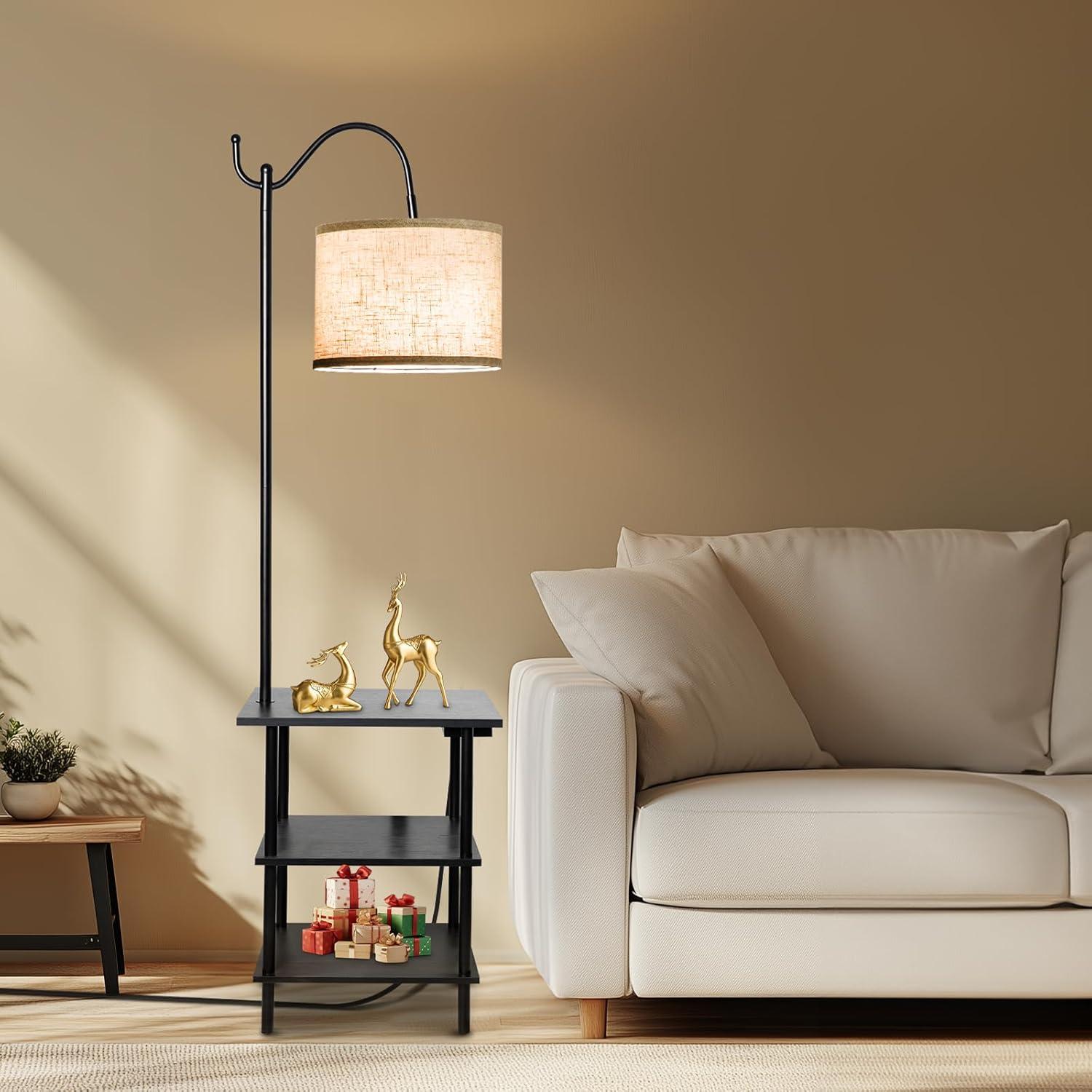 Lámpara de Pie EOEYYOYB con Estantes y Carga USB, Negra