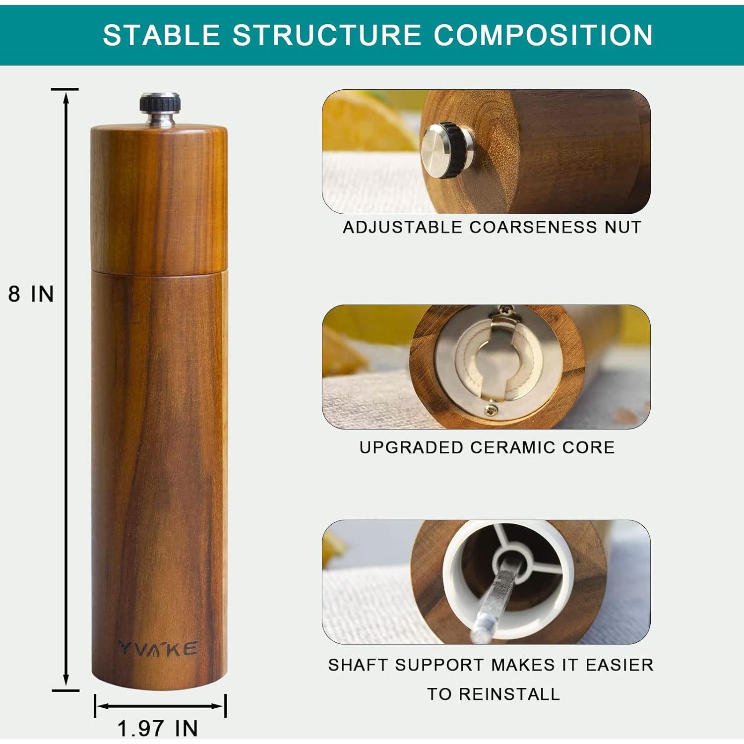Molino de Sal y Pimienta YVAKE 20 cm Madera Acacia Ajustable