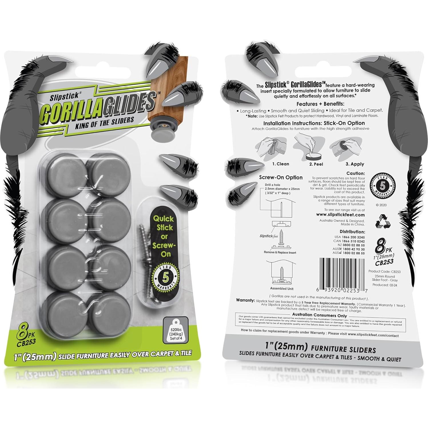 Deslizadores GorillaGlides CB253 2.54 cm para Sillas - Juego de 8