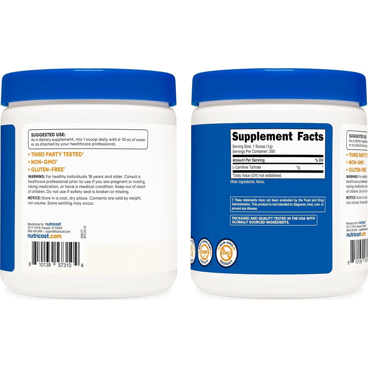 Nutricost L-Carnitina Tartrato Polvo 250g - 1g por Porción