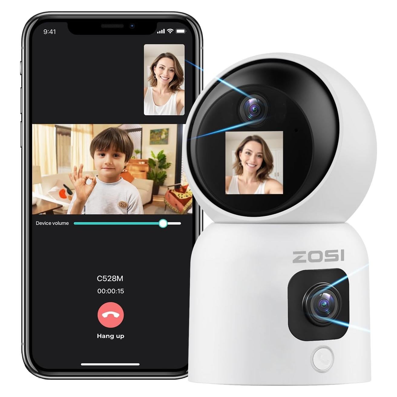 ZOSI 2K Dual-Lens Indoor Security Camera, Two-Way Video, Gesture/One-Touch Calling, Human Motion Tracking, C528M 360° Views Pan/Tilt Home Baby/Pet Dog Monitor, 2.4G/5G Dual-Band WiFi, Plug-in