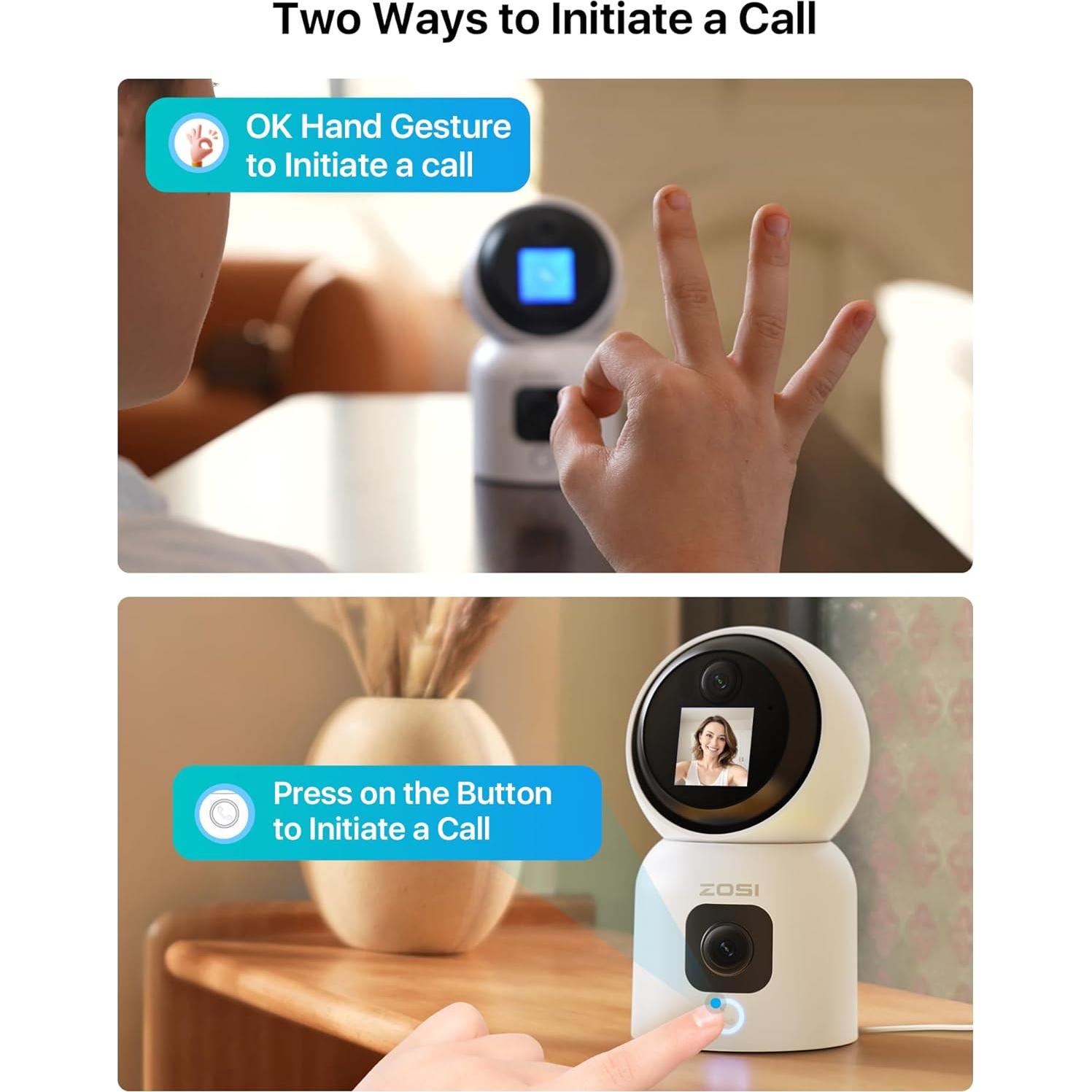 ZOSI 2K Dual-Lens Indoor Security Camera, Two-Way Video, Gesture/One-Touch Calling, Human Motion Tracking, C528M 360° Views Pan/Tilt Home Baby/Pet Dog Monitor, 2.4G/5G Dual-Band WiFi, Plug-in