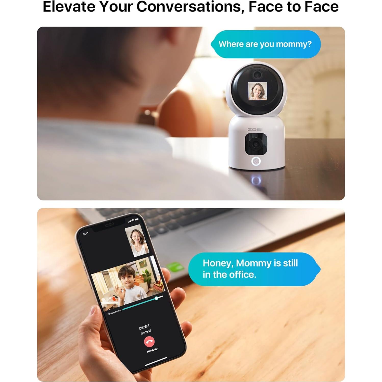 ZOSI 2K Dual-Lens Indoor Security Camera, Two-Way Video, Gesture/One-Touch Calling, Human Motion Tracking, C528M 360° Views Pan/Tilt Home Baby/Pet Dog Monitor, 2.4G/5G Dual-Band WiFi, Plug-in