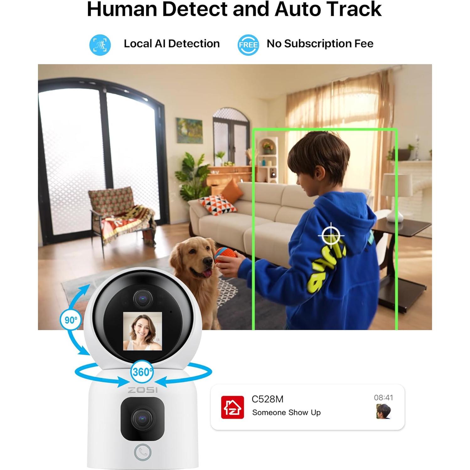 ZOSI 2K Dual-Lens Indoor Security Camera, Two-Way Video, Gesture/One-Touch Calling, Human Motion Tracking, C528M 360° Views Pan/Tilt Home Baby/Pet Dog Monitor, 2.4G/5G Dual-Band WiFi, Plug-in
