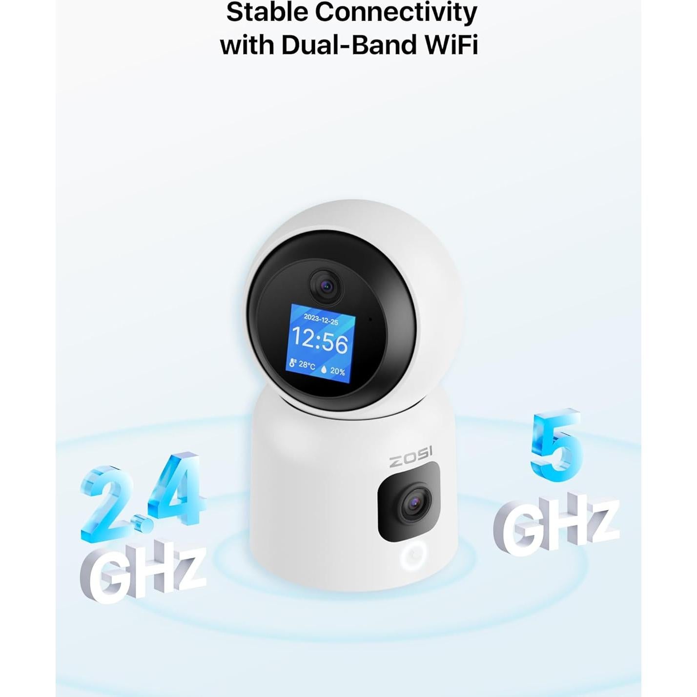 ZOSI 2K Dual-Lens Indoor Security Camera, Two-Way Video, Gesture/One-Touch Calling, Human Motion Tracking, C528M 360° Views Pan/Tilt Home Baby/Pet Dog Monitor, 2.4G/5G Dual-Band WiFi, Plug-in