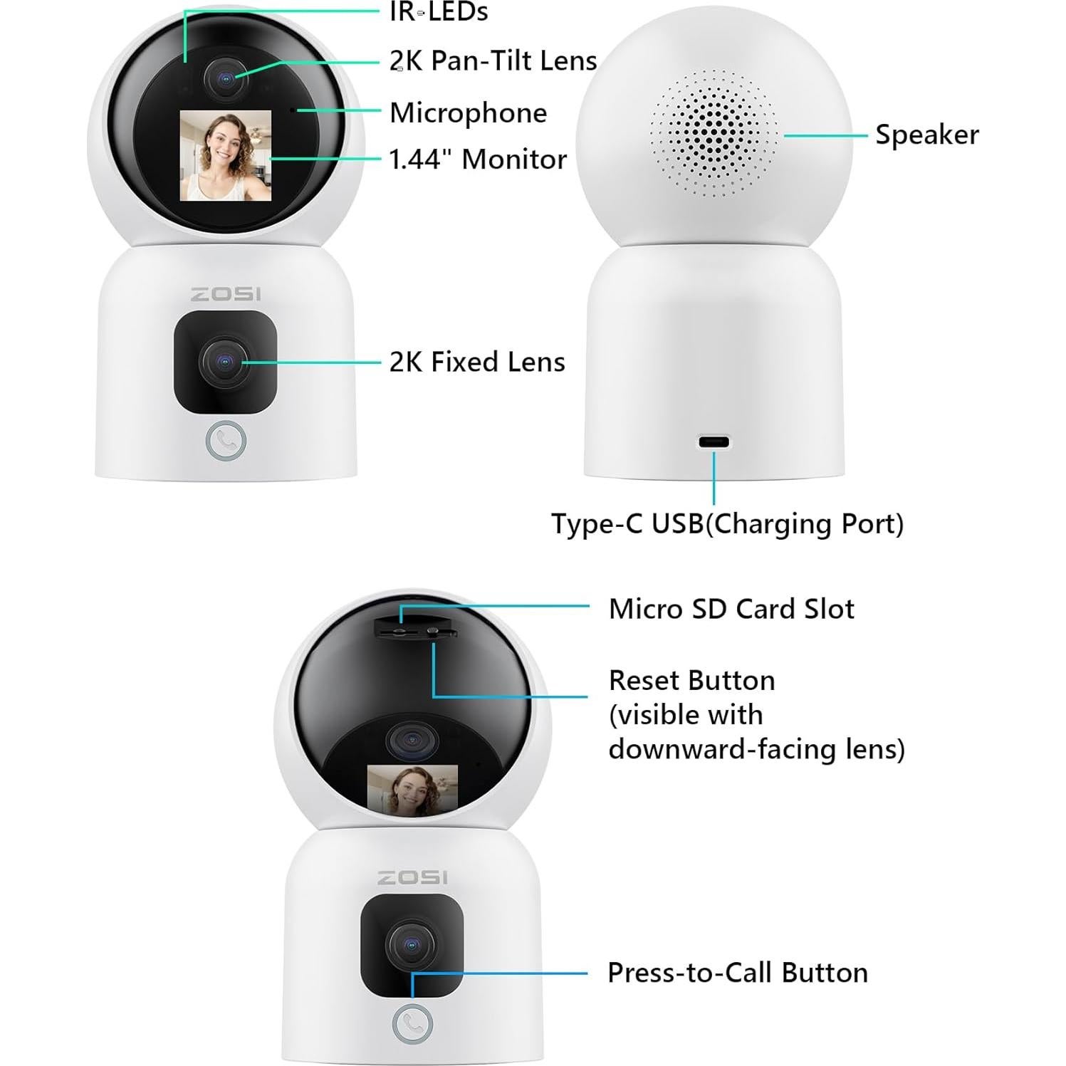 ZOSI 2K Dual-Lens Indoor Security Camera, Two-Way Video, Gesture/One-Touch Calling, Human Motion Tracking, C528M 360° Views Pan/Tilt Home Baby/Pet Dog Monitor, 2.4G/5G Dual-Band WiFi, Plug-in