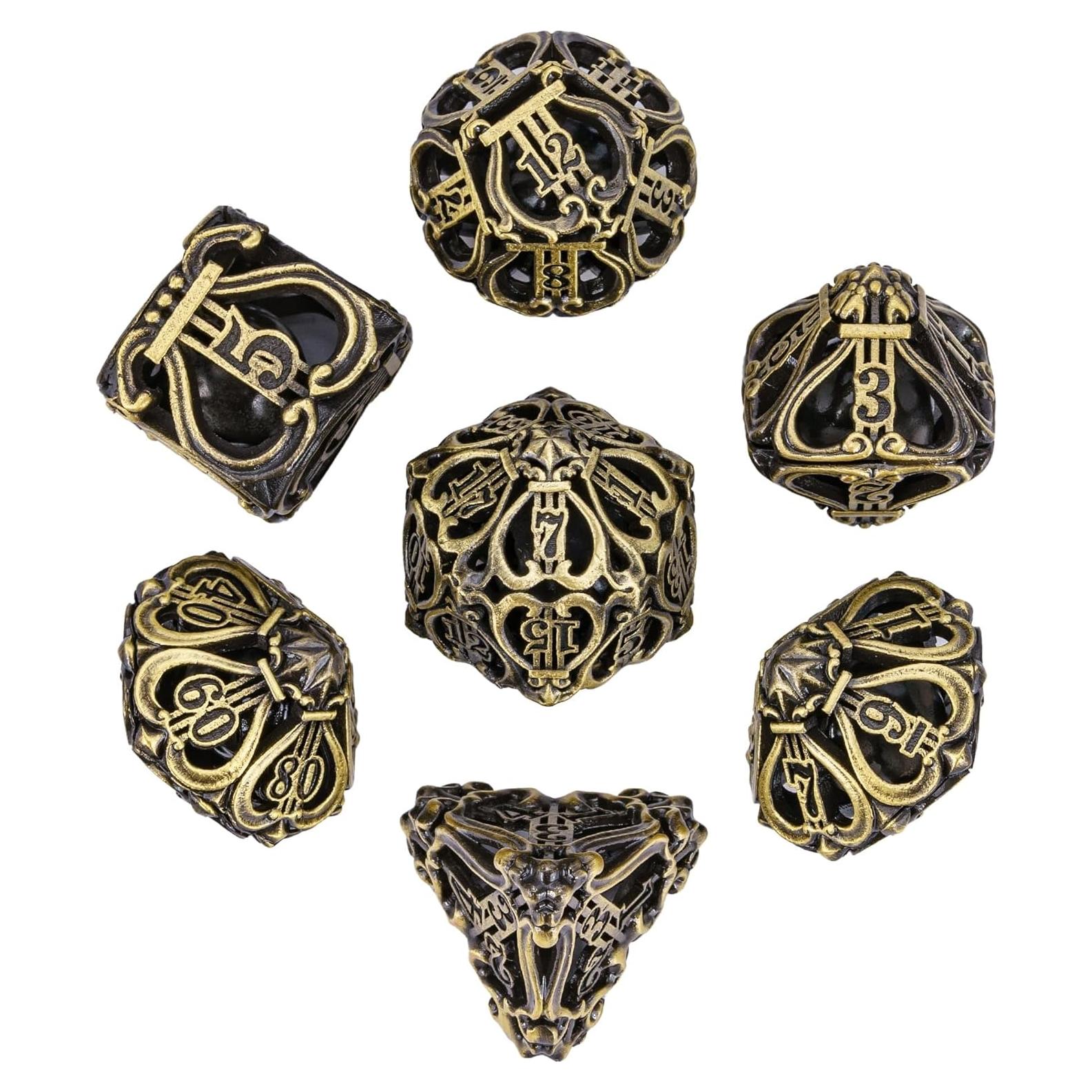Cusdie 7-Die Metal Dice Set - Hollow Design with Bells - Crisp Sounding Gaming Dice in Tin Box - Perfect for Tabletop RPGs & Board Games(Ancient Bronze)