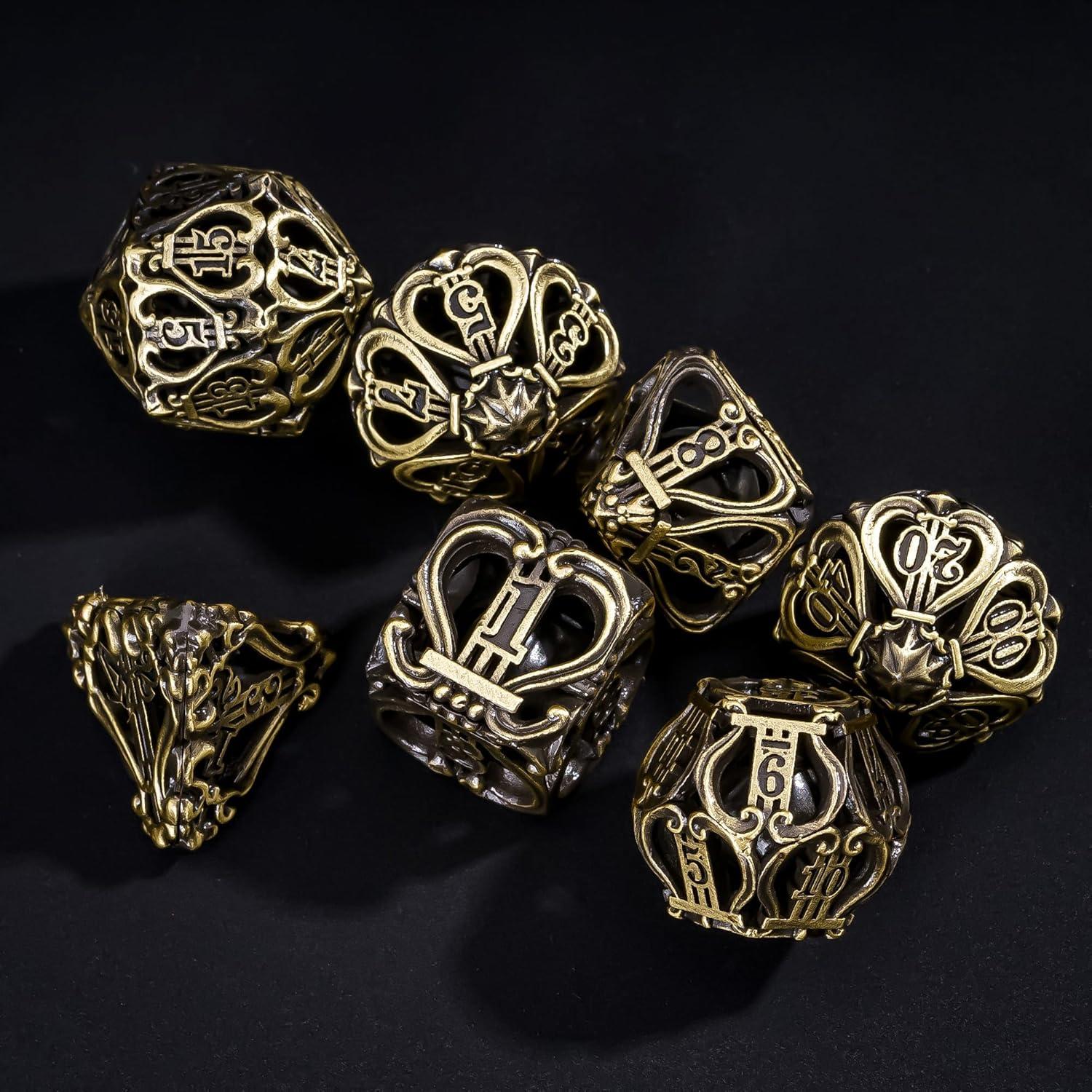 Cusdie 7-Die Metal Dice Set - Hollow Design with Bells - Crisp Sounding Gaming Dice in Tin Box - Perfect for Tabletop RPGs & Board Games(Ancient Bronze)