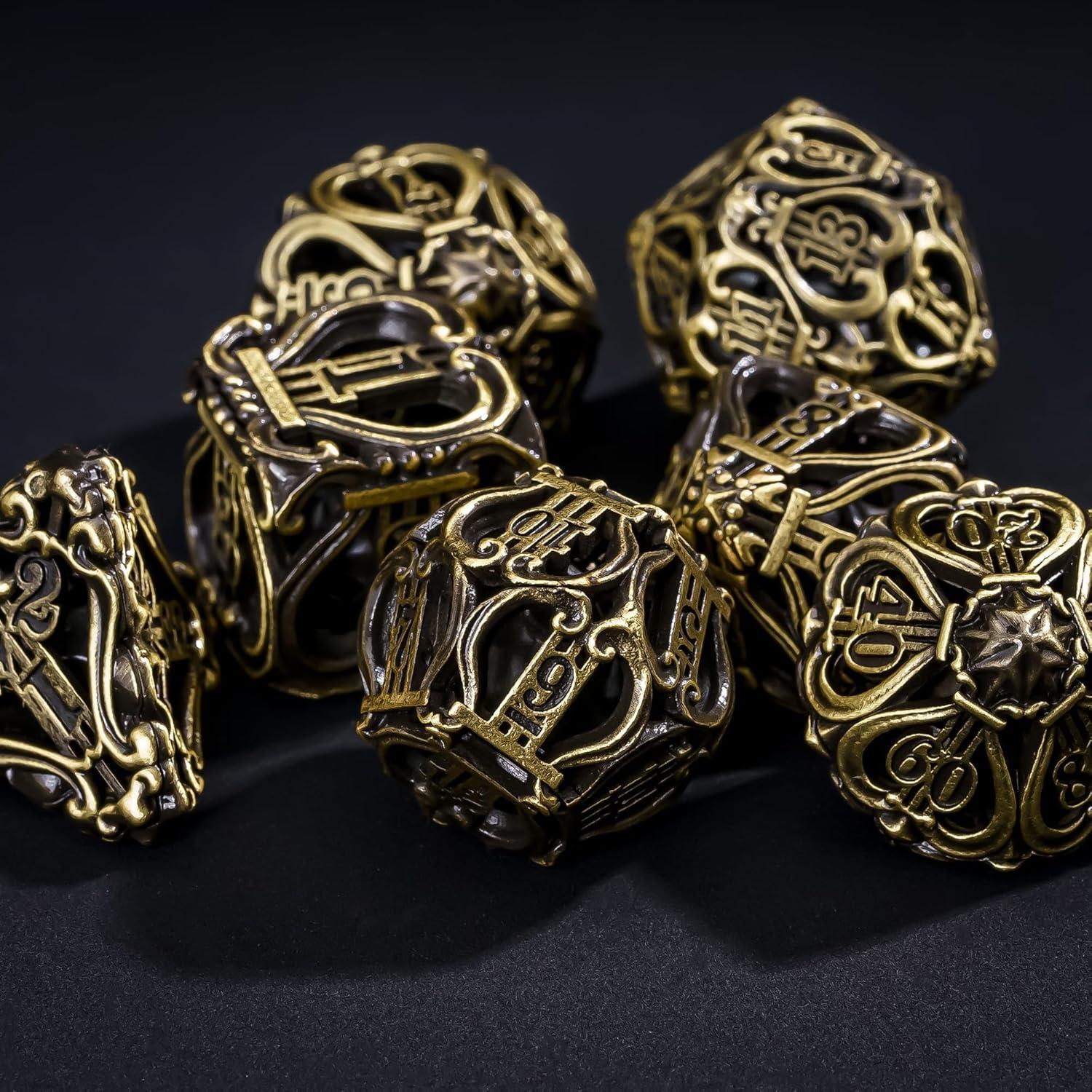 Cusdie 7-Die Metal Dice Set - Hollow Design with Bells - Crisp Sounding Gaming Dice in Tin Box - Perfect for Tabletop RPGs & Board Games(Ancient Bronze)