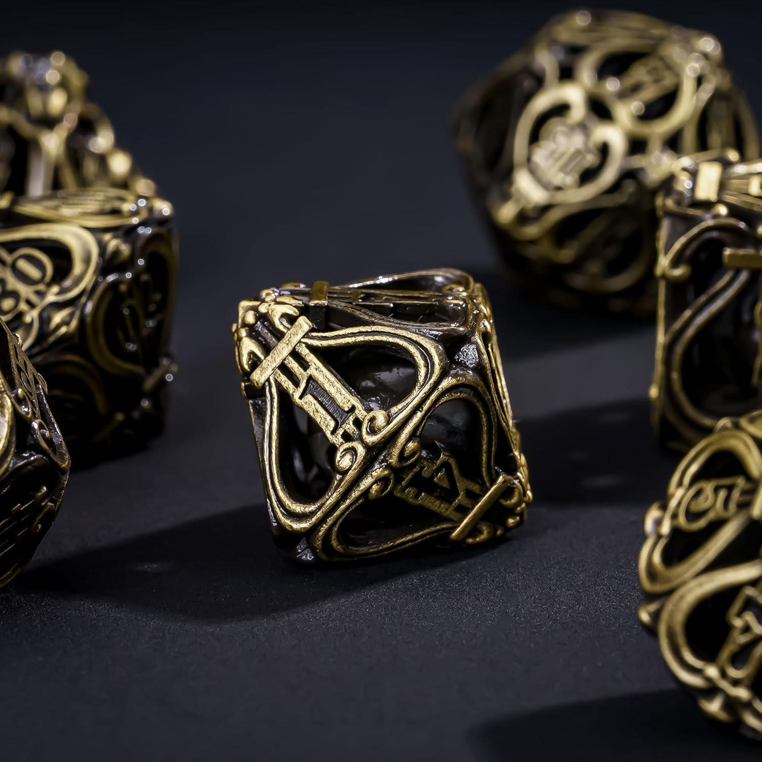 Cusdie 7-Die Metal Dice Set - Hollow Design with Bells - Crisp Sounding Gaming Dice in Tin Box - Perfect for Tabletop RPGs & Board Games(Ancient Bronze)