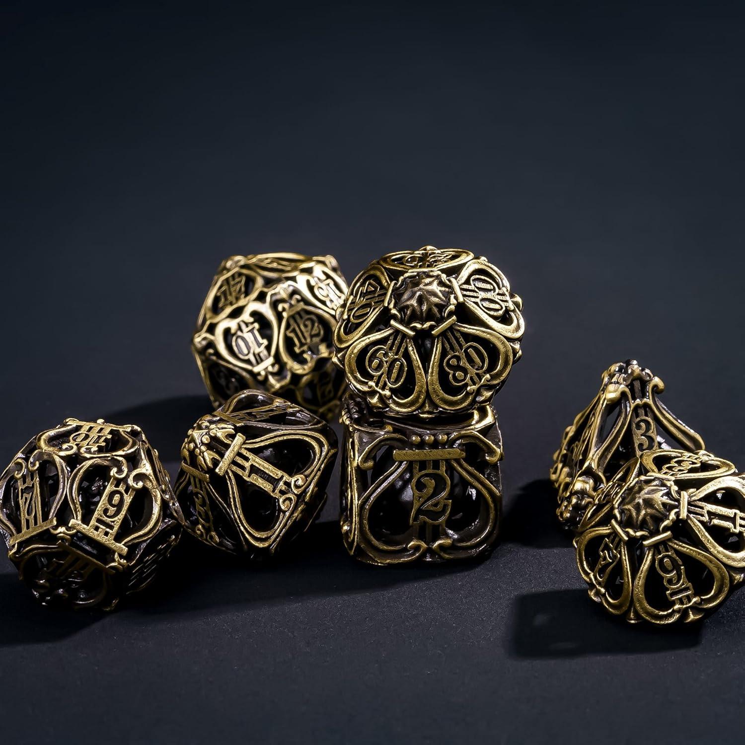 Cusdie 7-Die Metal Dice Set - Hollow Design with Bells - Crisp Sounding Gaming Dice in Tin Box - Perfect for Tabletop RPGs & Board Games(Ancient Bronze)
