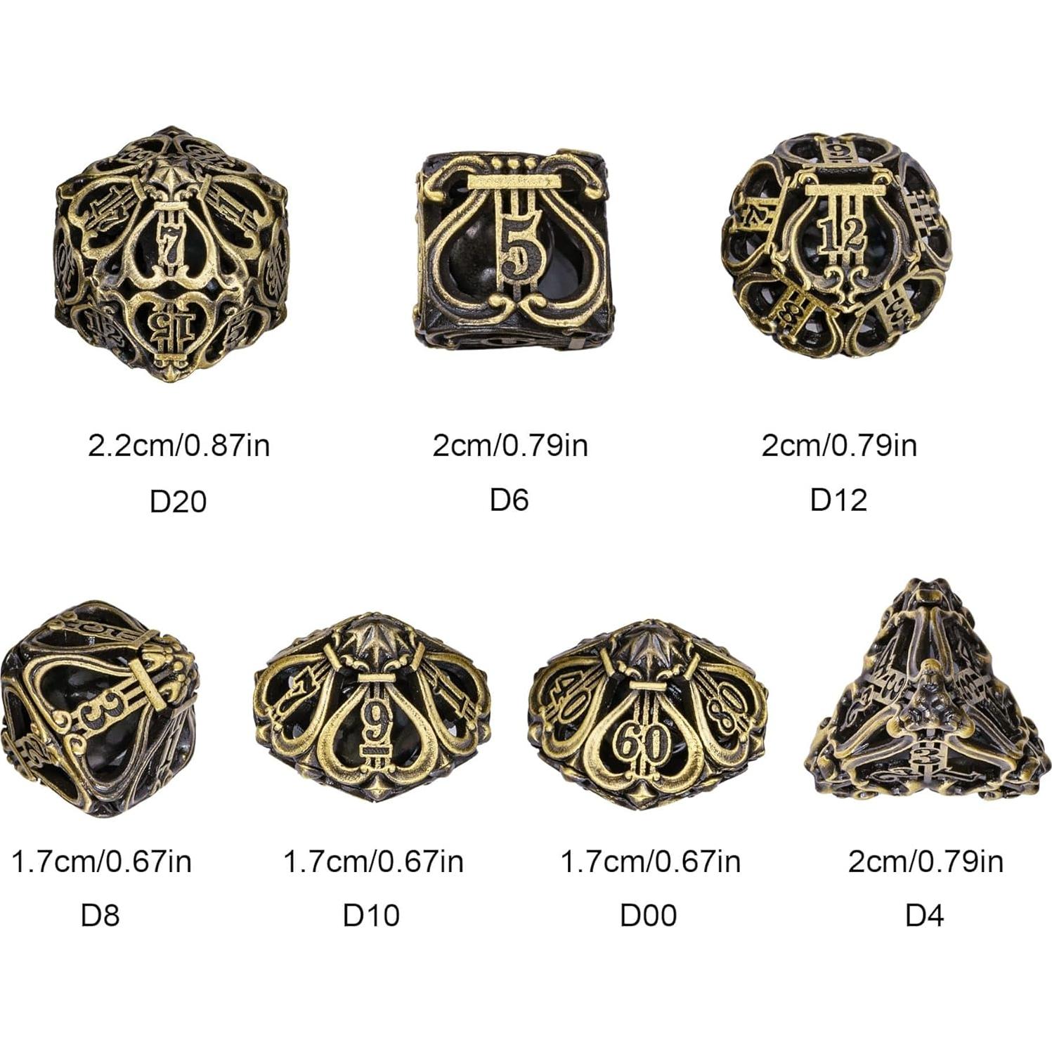 Cusdie 7-Die Metal Dice Set - Hollow Design with Bells - Crisp Sounding Gaming Dice in Tin Box - Perfect for Tabletop RPGs & Board Games(Ancient Bronze)