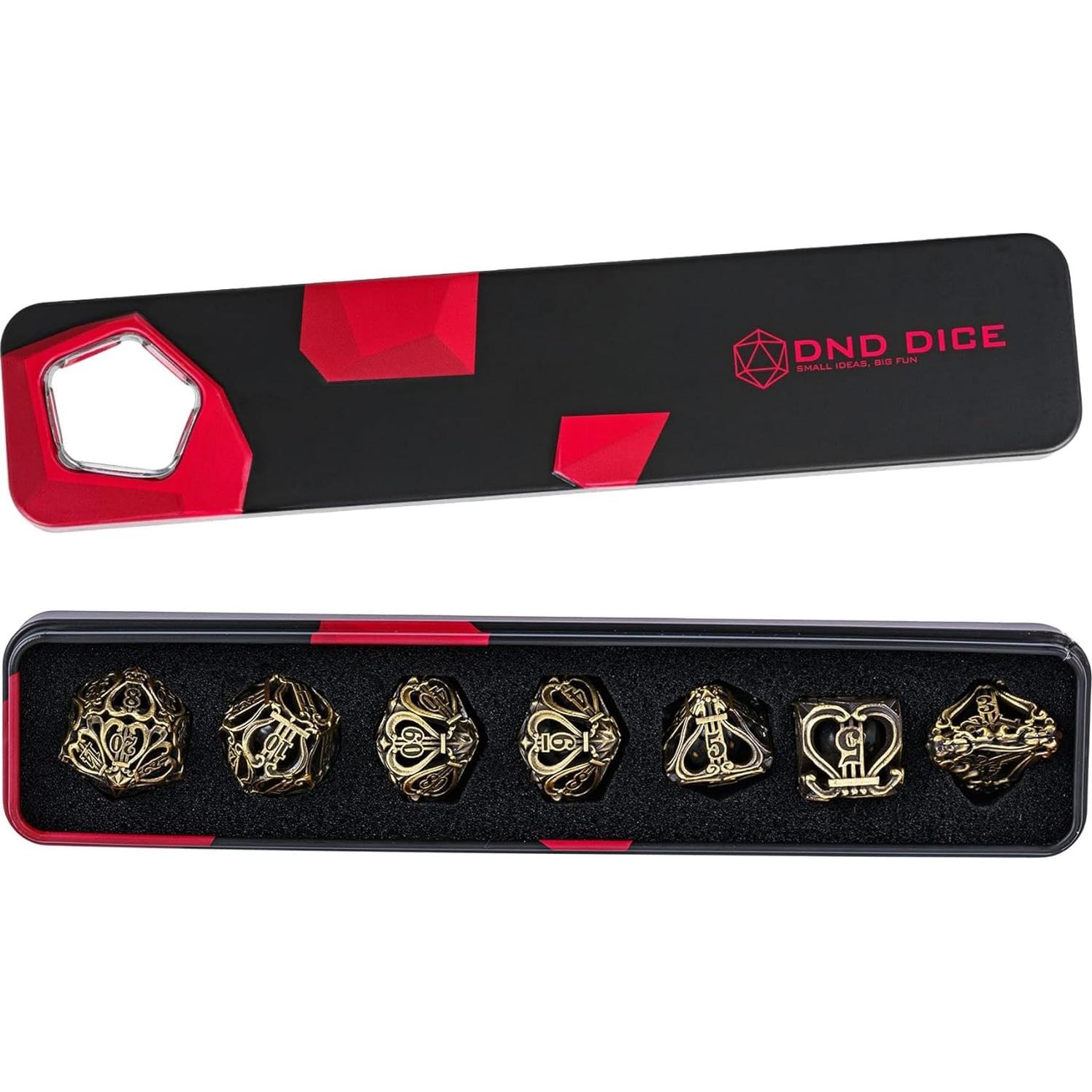 Cusdie 7-Die Metal Dice Set - Hollow Design with Bells - Crisp Sounding Gaming Dice in Tin Box - Perfect for Tabletop RPGs & Board Games(Ancient Bronze)