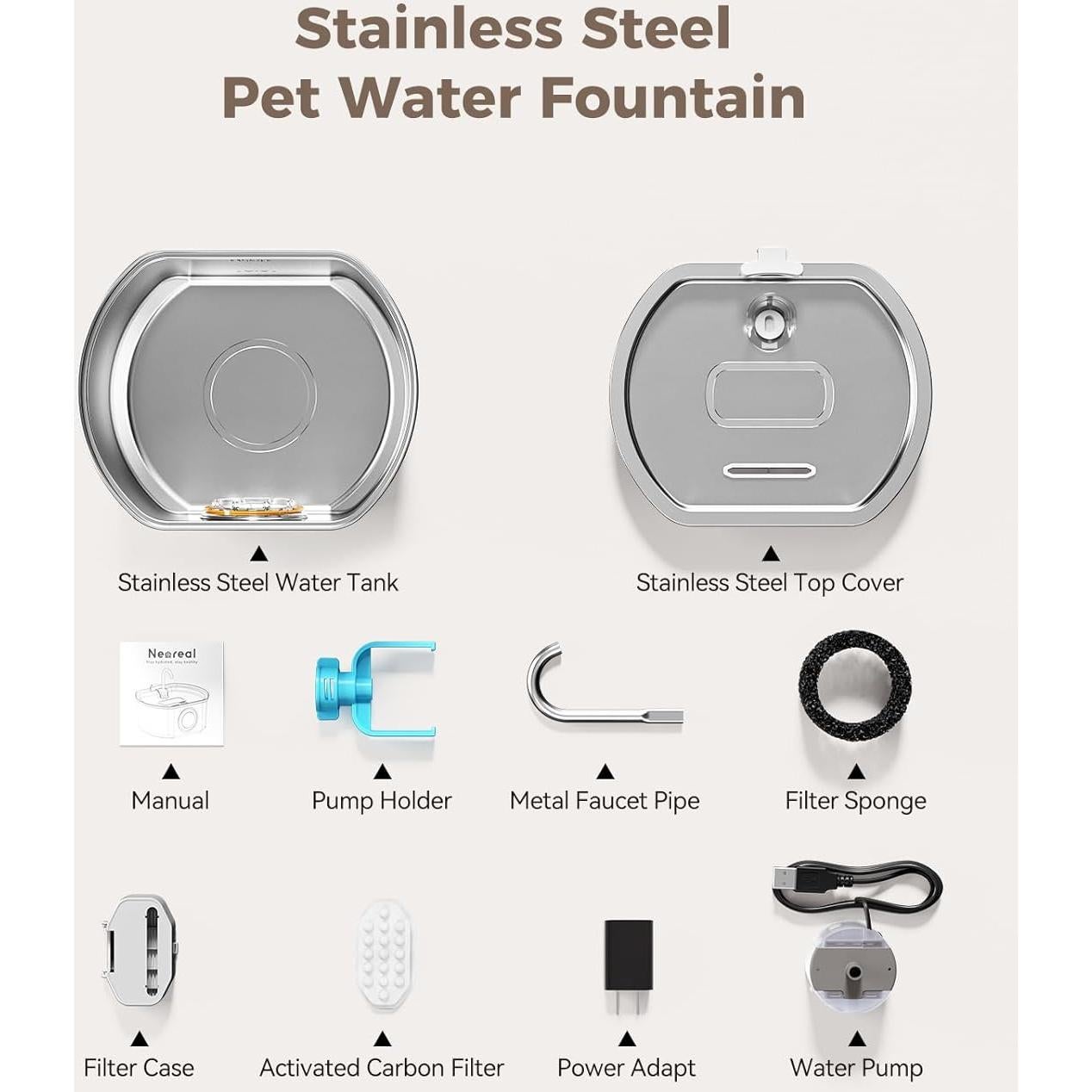 Fuente de Agua para Gatos Neareal 3.2L Acero Inoxidable