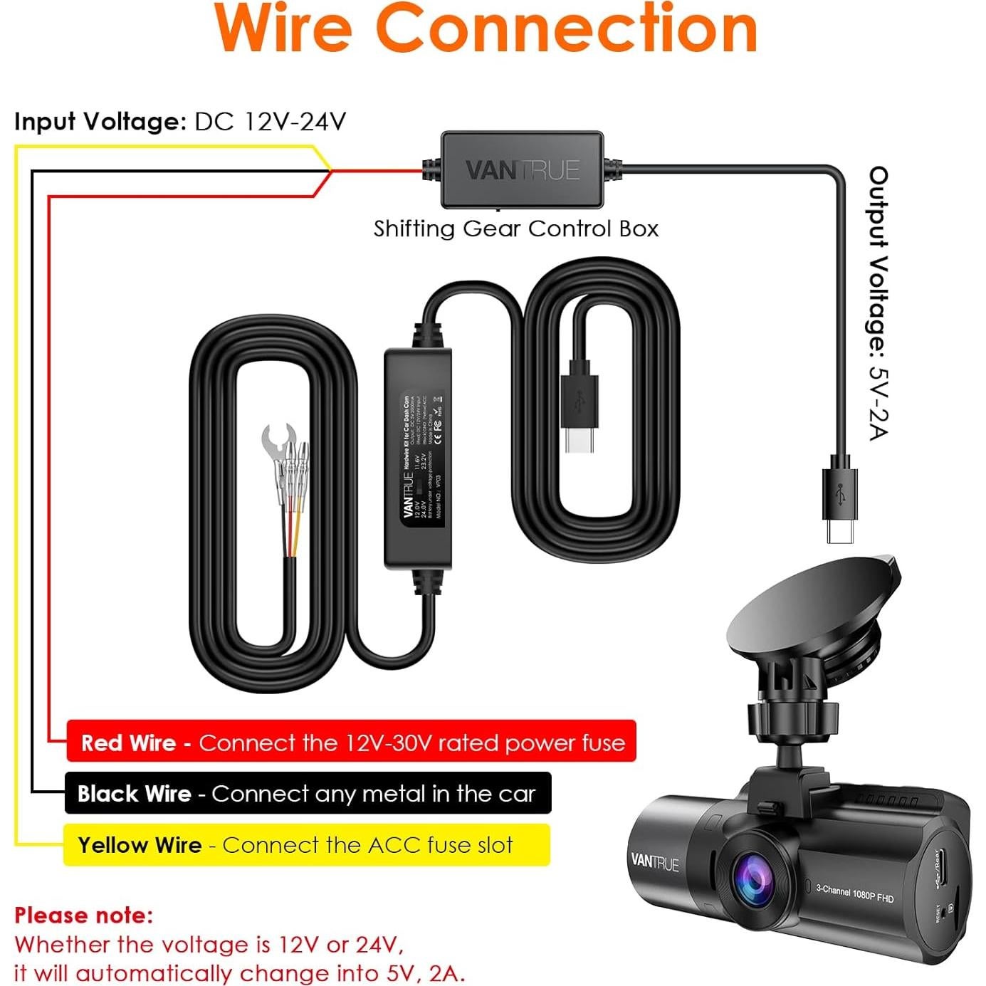 Kit de Cableado Duro Vantrue 3.5m USB Tipo C 12V-24V