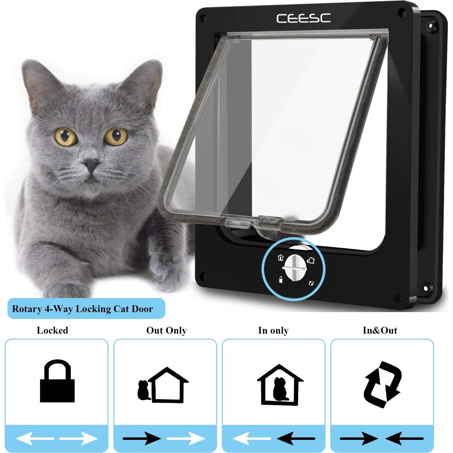Puerta para Gatos CEESC L Negra Impermeable con Cerradura 4 Vías