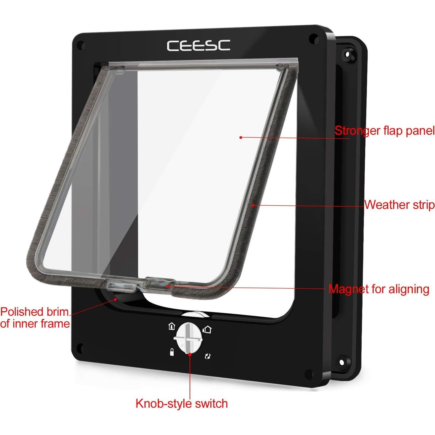 Puerta para Gatos CEESC L Negra Impermeable con Cerradura 4 Vías