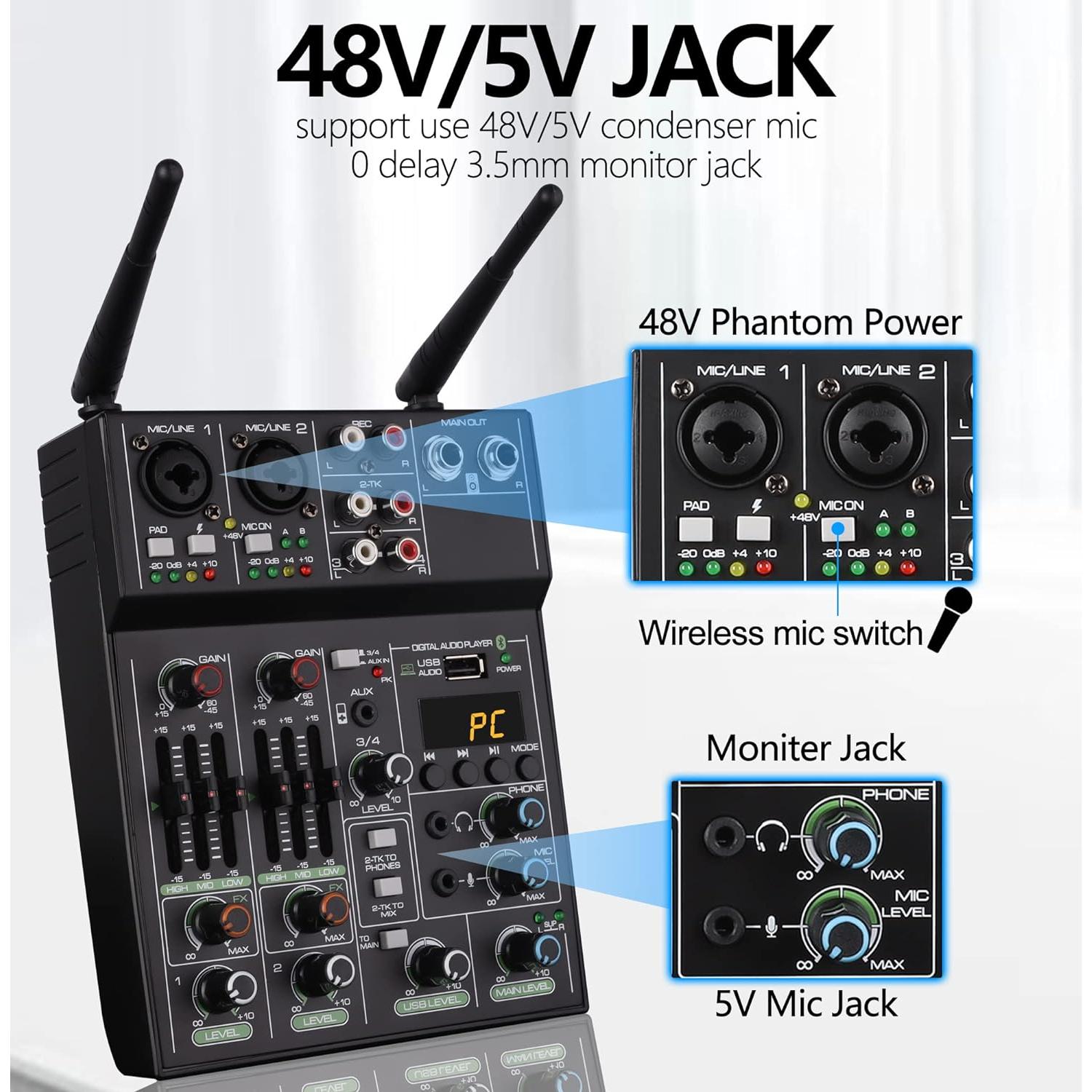 Mezclador de Audio Profesional Tiimge MX-R42 4 Canales USB Bluetooth