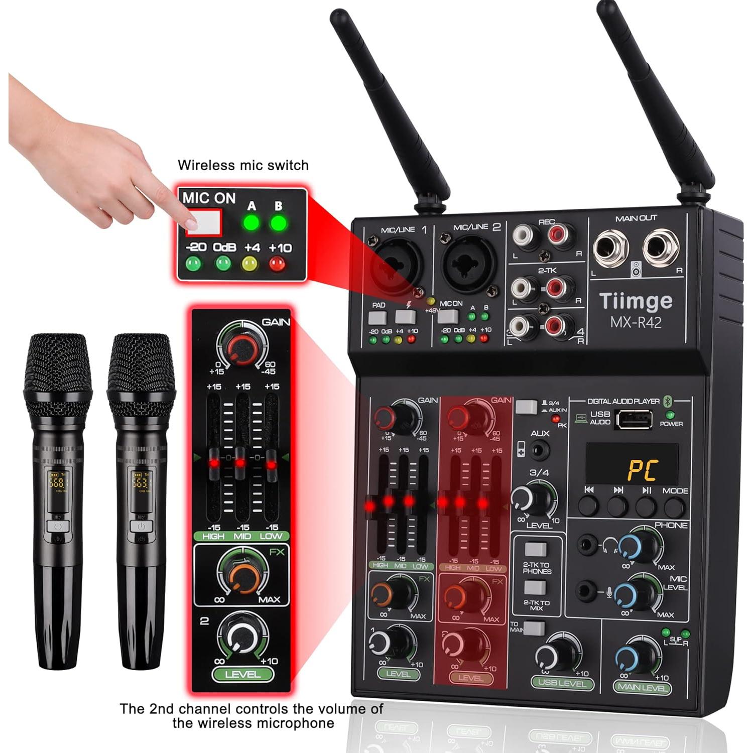 Mezclador de Audio Profesional Tiimge MX-R42 4 Canales USB Bluetooth