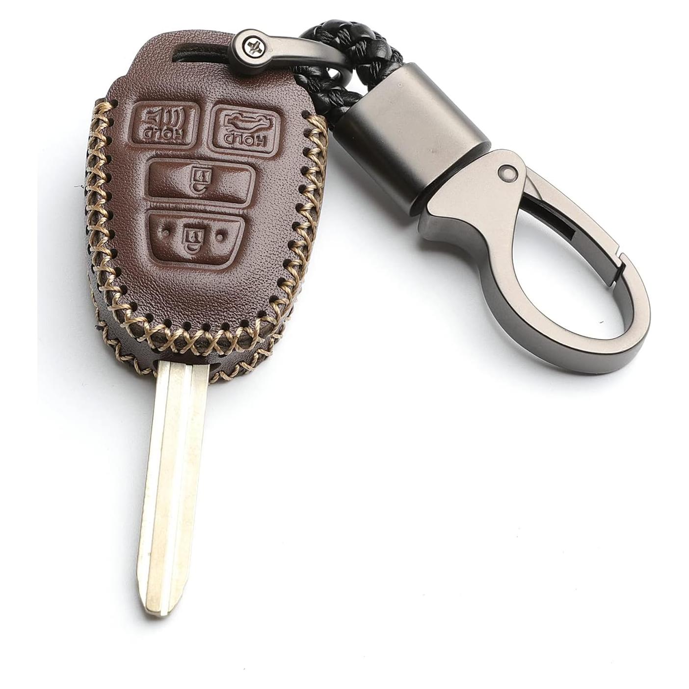 Leather for Toyota Camry SE LE Sequoia Avalon Corolla RAV4 Venza Remote 4 Buttons Key Case Holder Cover Fob Chain (Brown)