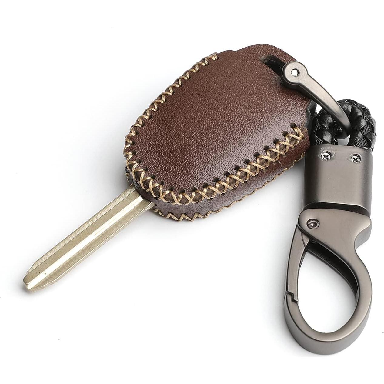 Leather for Toyota Camry SE LE Sequoia Avalon Corolla RAV4 Venza Remote 4 Buttons Key Case Holder Cover Fob Chain (Brown)