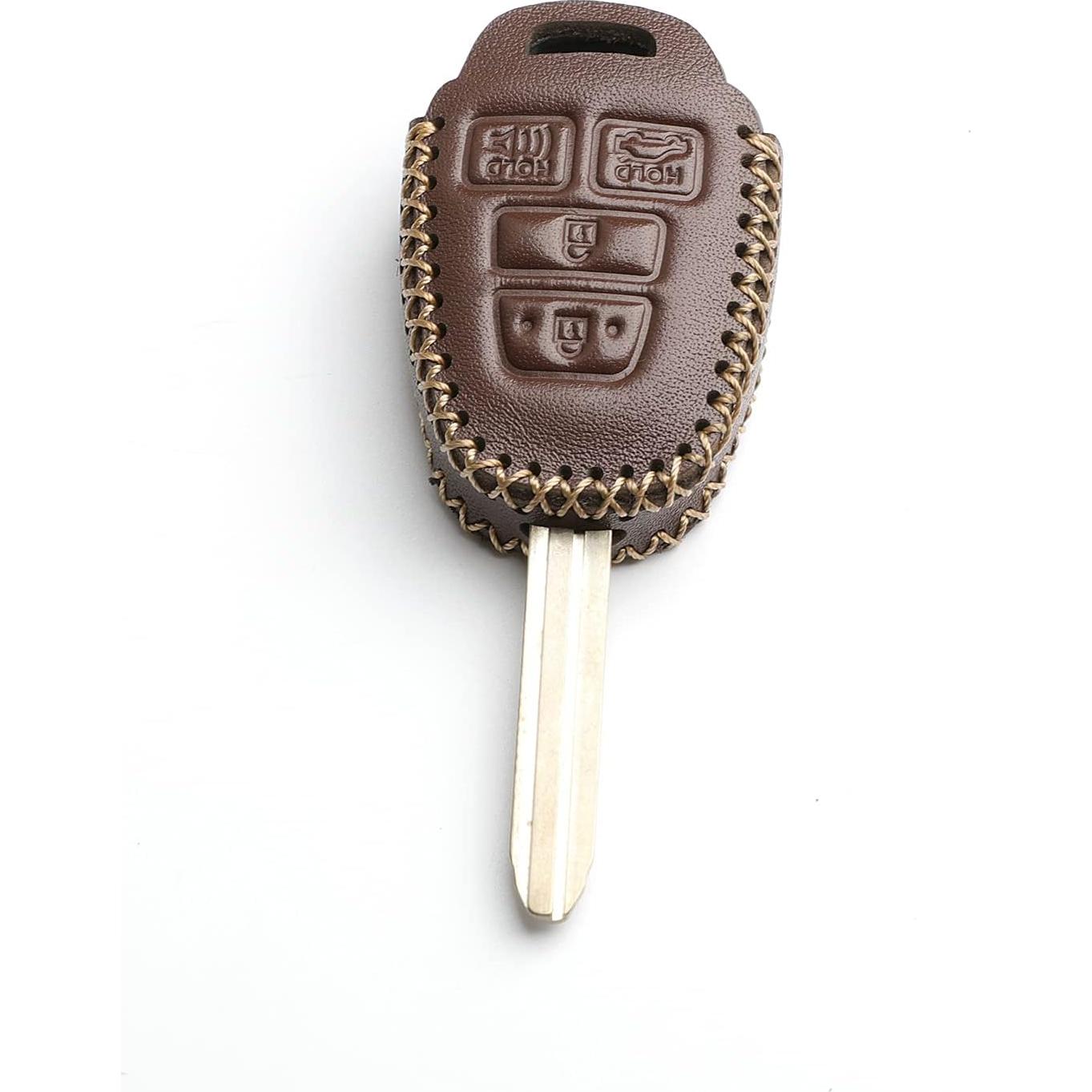 Leather for Toyota Camry SE LE Sequoia Avalon Corolla RAV4 Venza Remote 4 Buttons Key Case Holder Cover Fob Chain (Brown)