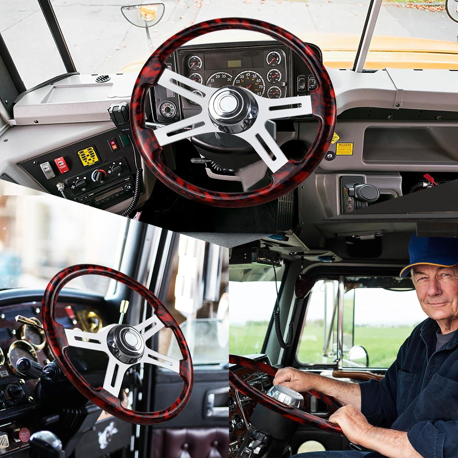 Volante de Camión QYMOPAY 18" Madera Roja 4 Rayos Aluminio