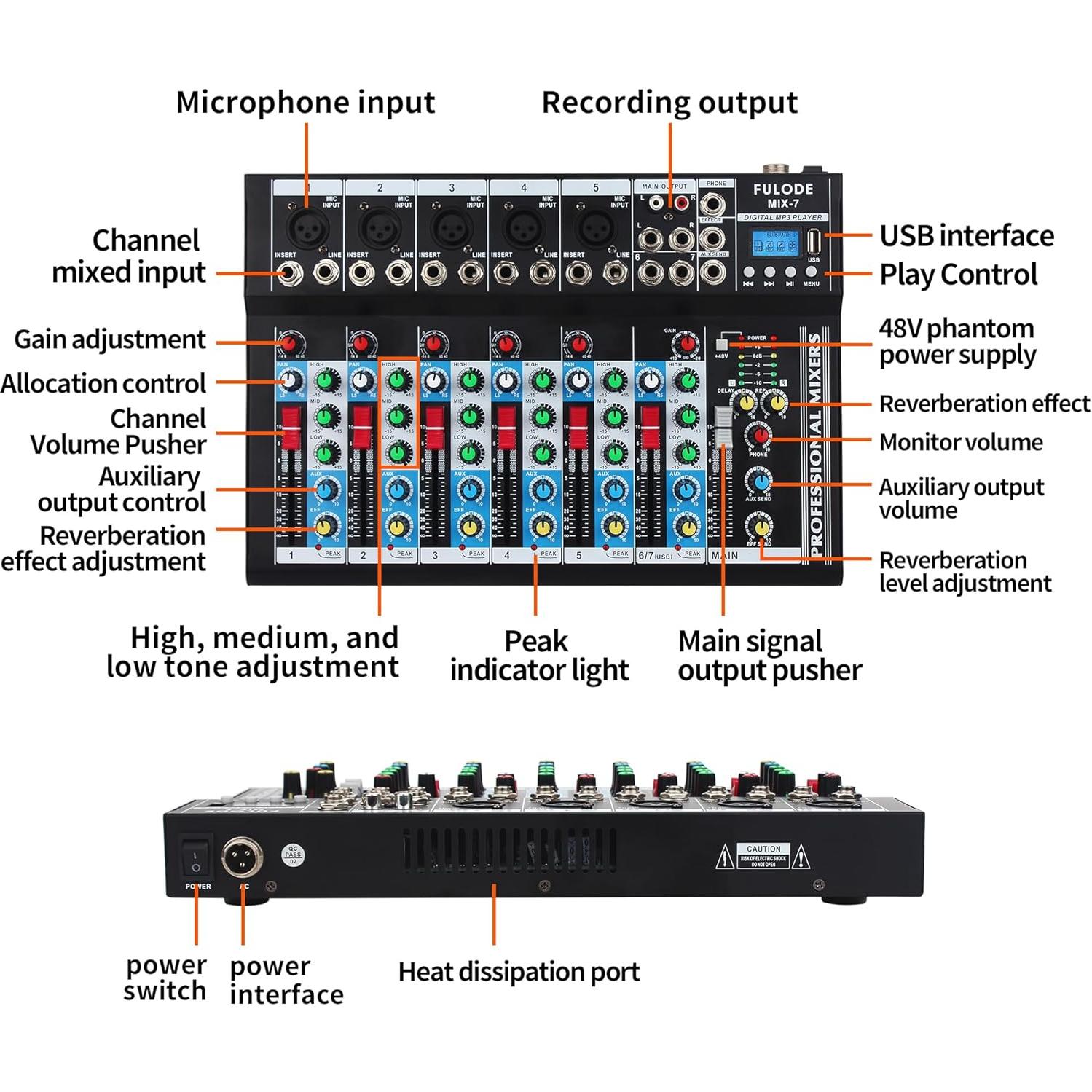 Mezclador de Audio Bluetooth 7 Canales MIX-7 48V USB