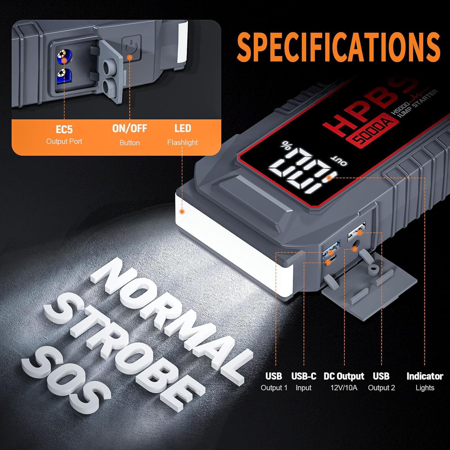 Arrancador de Coche HPBS H5000 5000A 12V Pantalla LCD