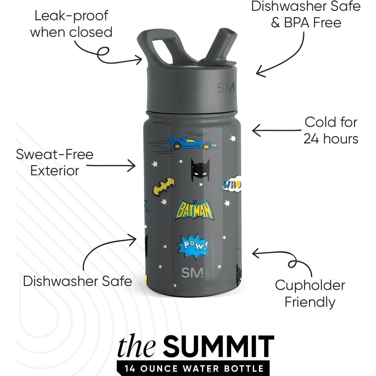 Botella de Agua Aislada Simple Modern Batman 414ml con Popote