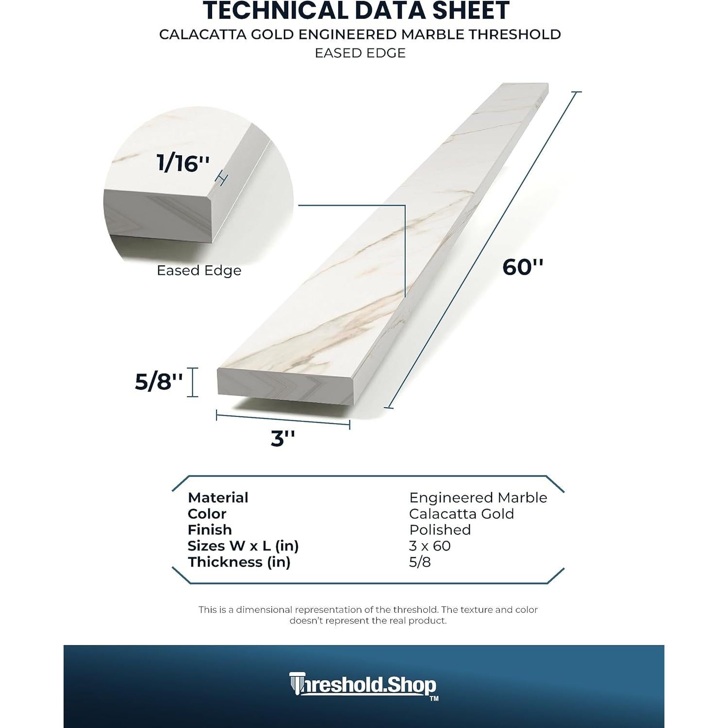 Umbral de Ducha de Mármol Ingenierizado Calacatta Gold 152.4x7.62 cm