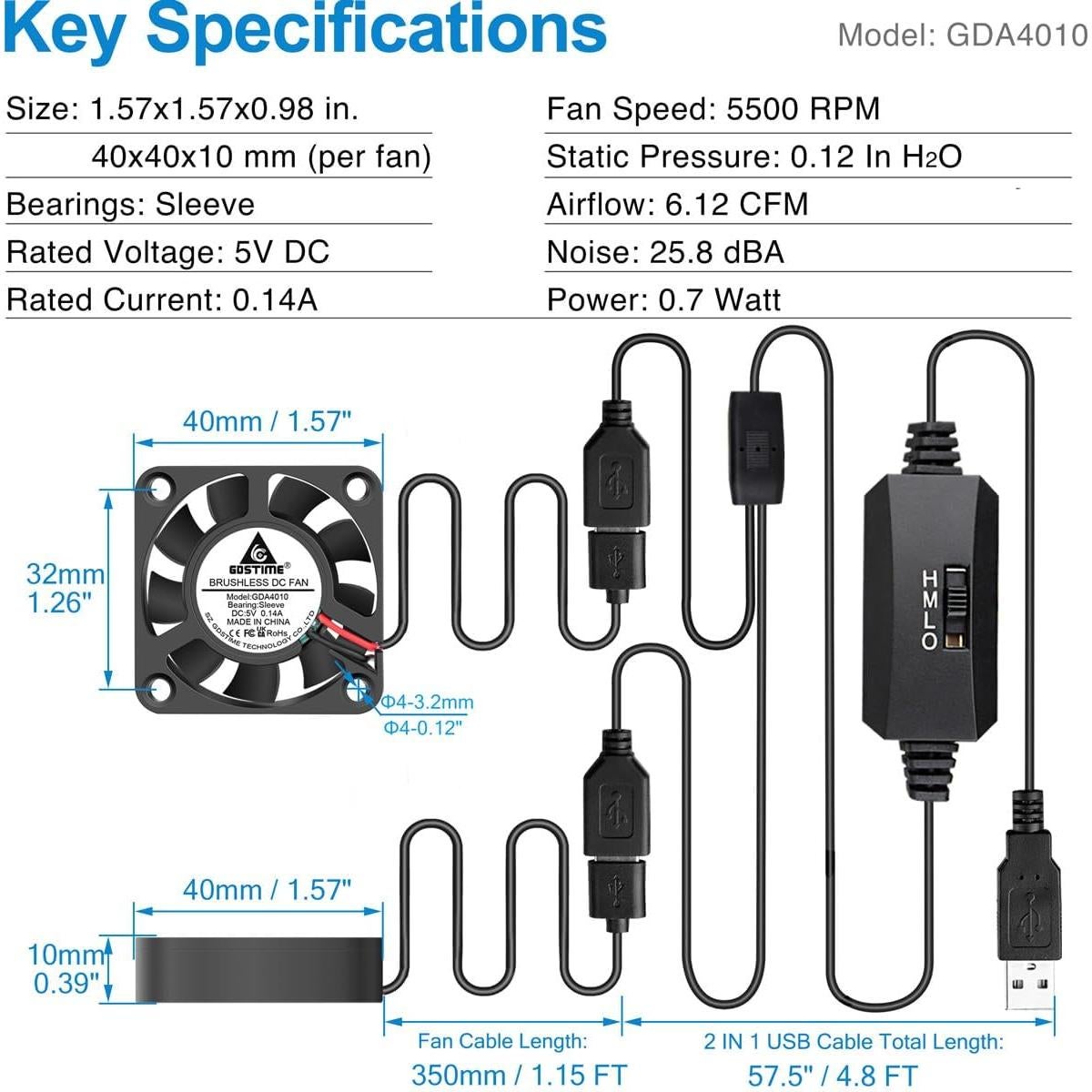 Ventiladores USB GDSTIME 40mm Silenciosos 2-Pack 5V DC