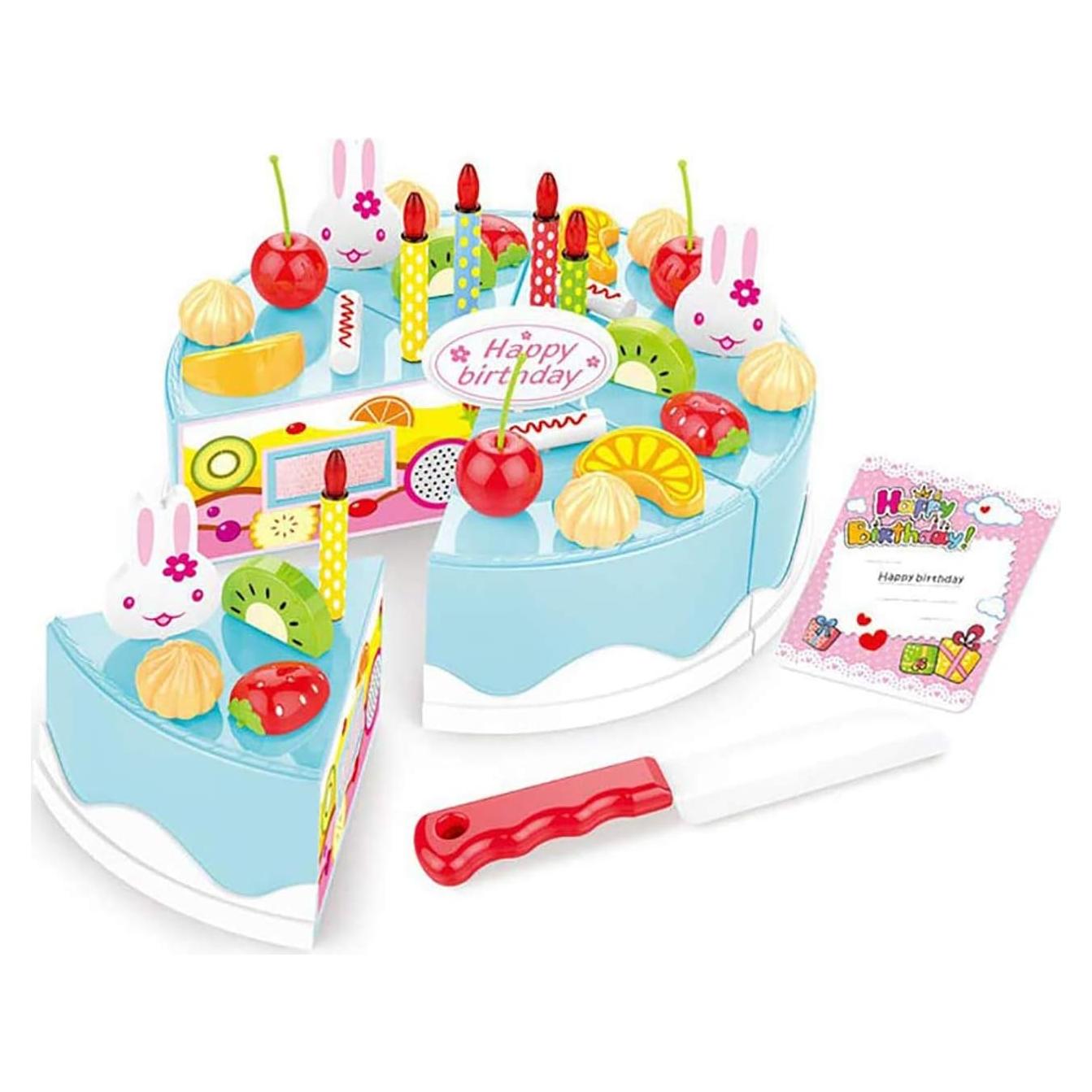 38 PCS DIY Cutting Birthday Party Cake Toy Pretend Play Kitchen Food Toys Set,DIY Fruit Cutting Kitchen Toys Pink/Blue Cut Cake Toys for Girls Boys Gift (38PCS Blue)