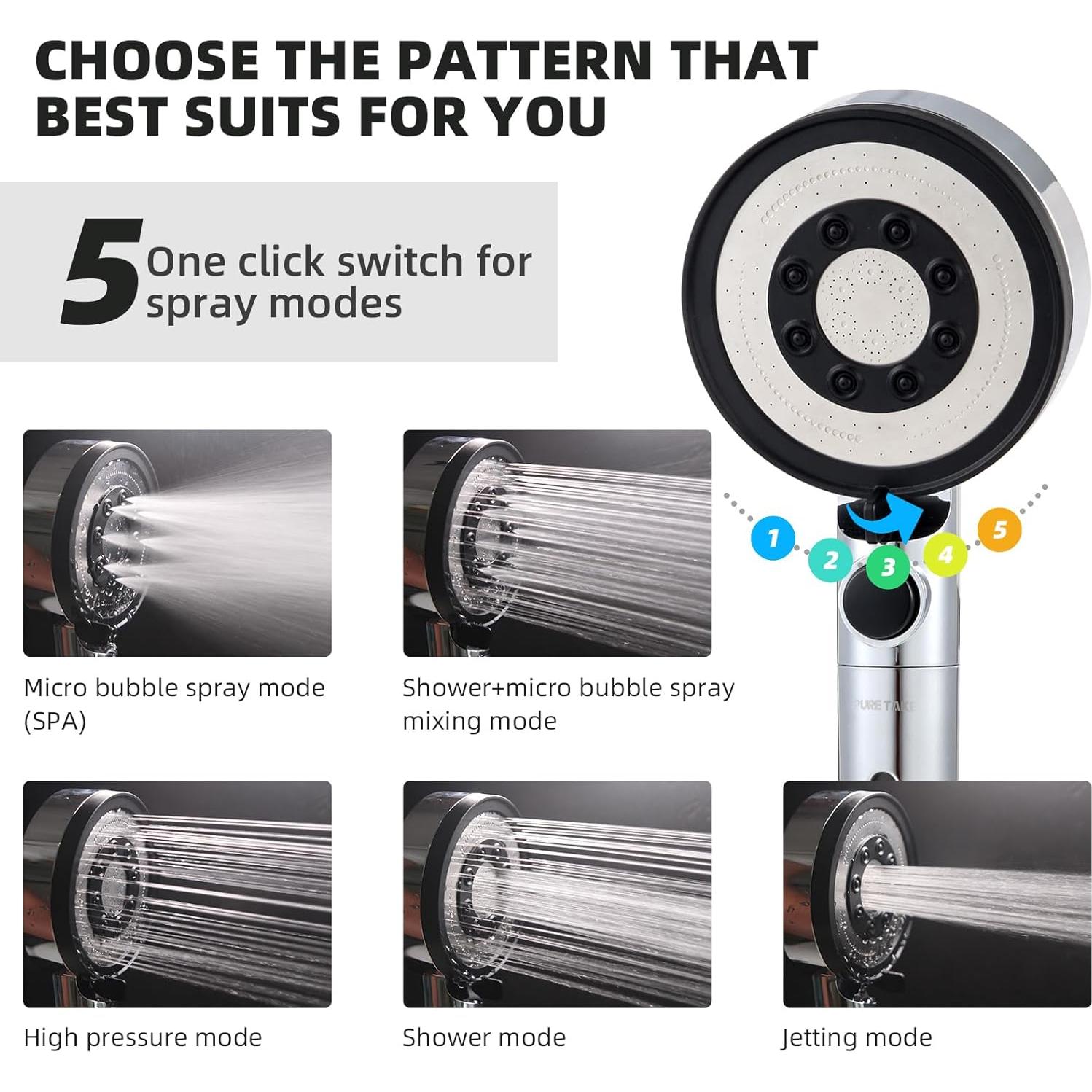 Cabezal de Ducha Filtrante Pure Take PT-818, 5 Modos, 152.4 cm