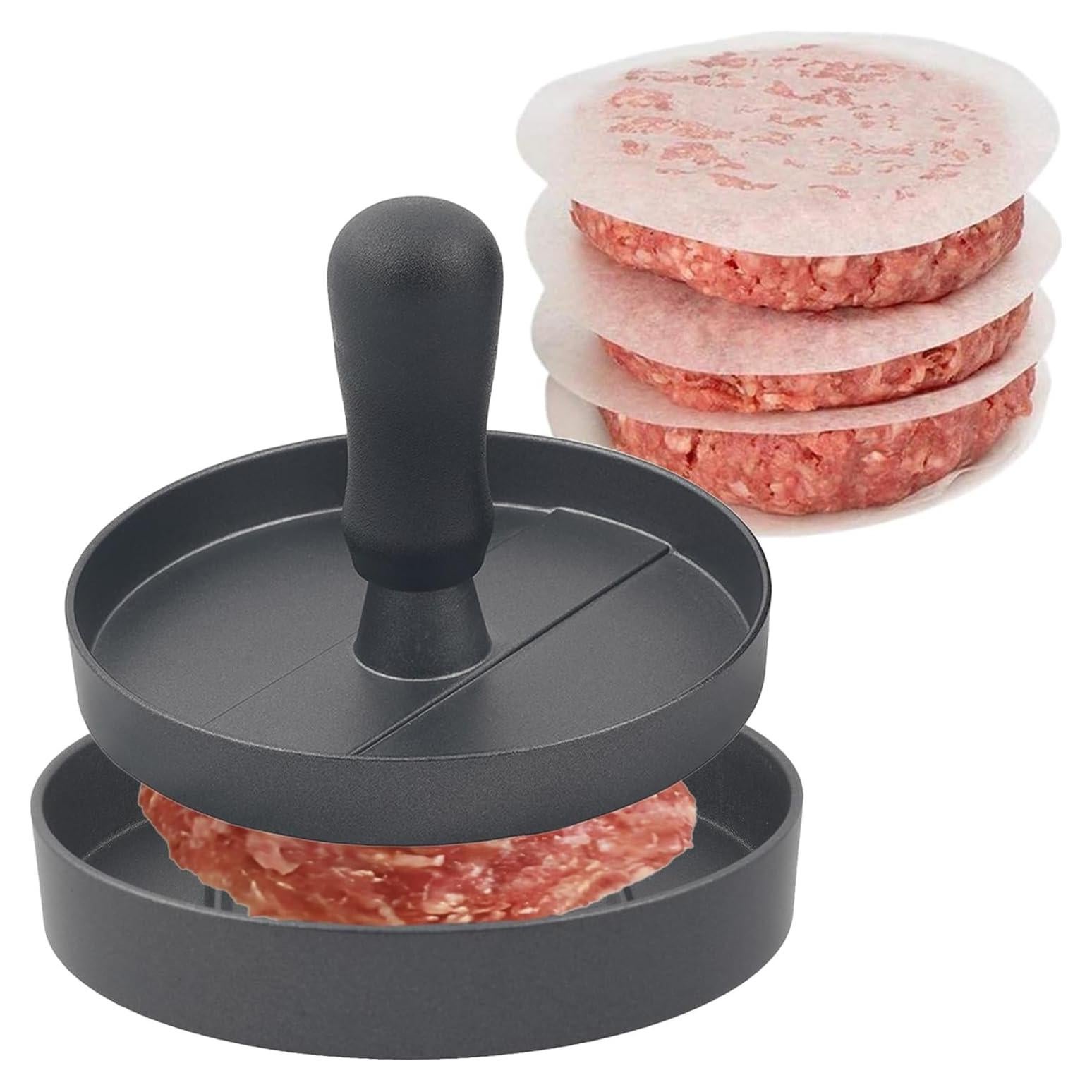 Prensa de Hamburguesas MoMoxi de Aluminio con 200 Papeles Antiadherentes