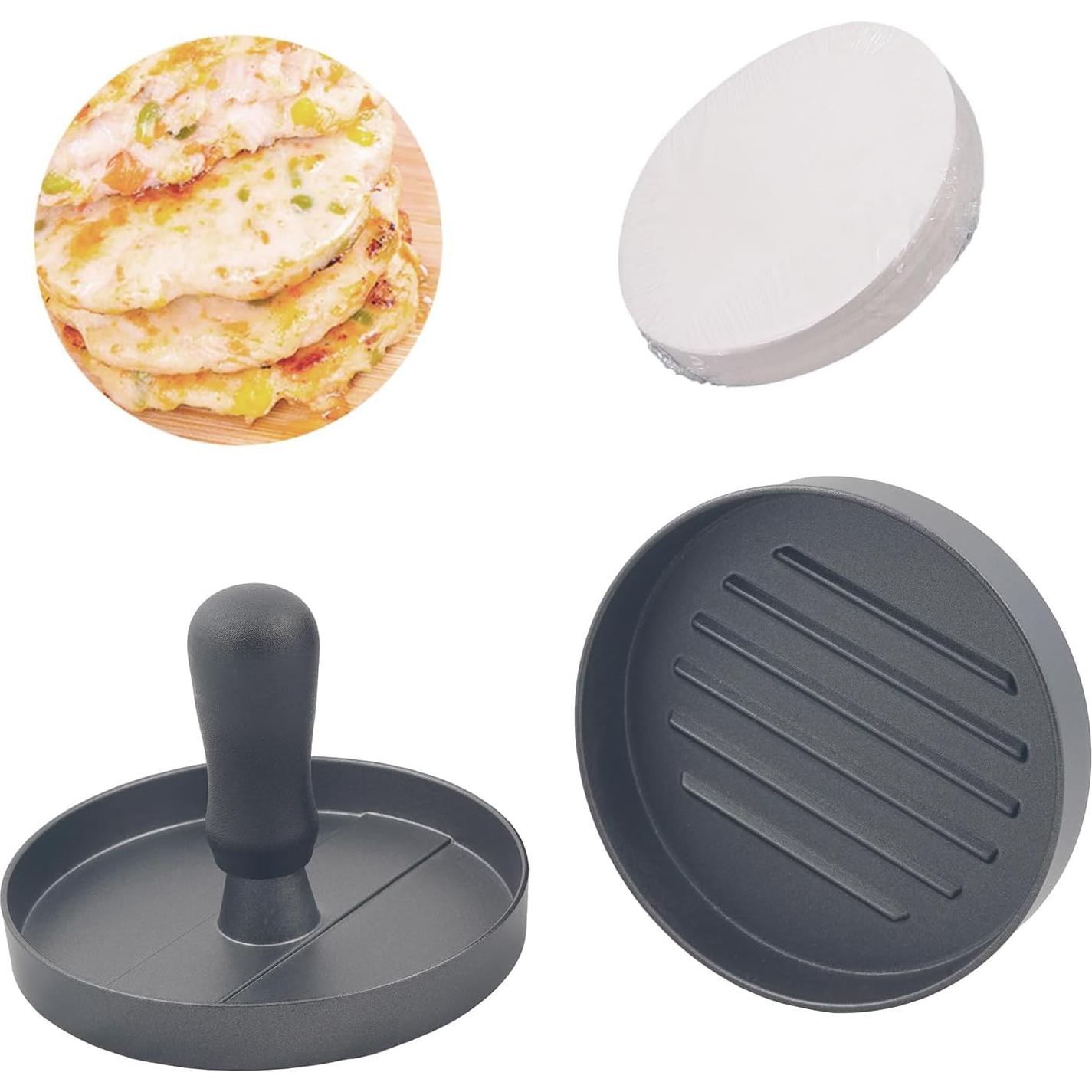 Prensa de Hamburguesas MoMoxi de Aluminio con 200 Papeles Antiadherentes