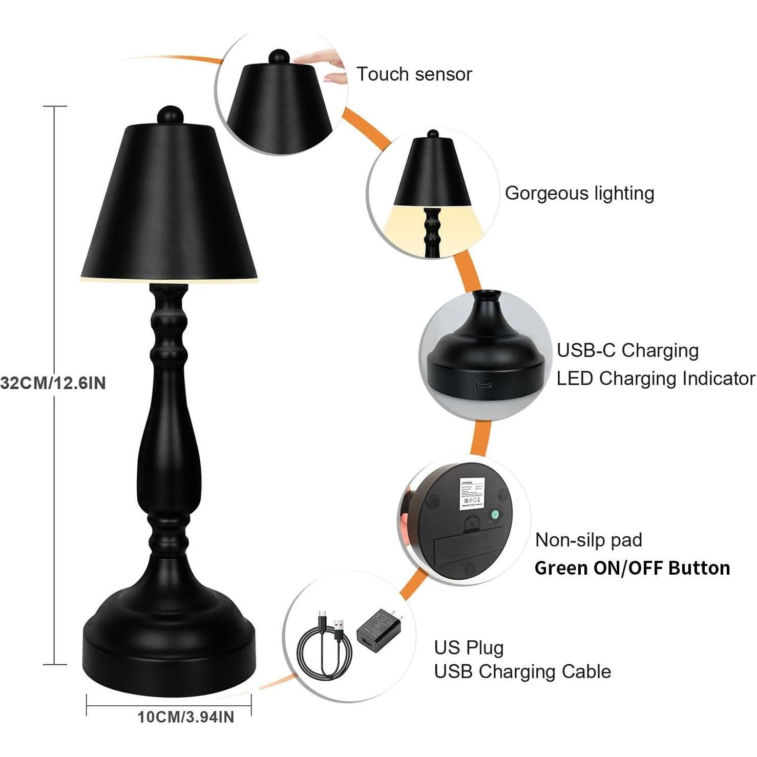 Lámpara de Mesa Recargable UMEXUS LED Táctil Regulable Negra