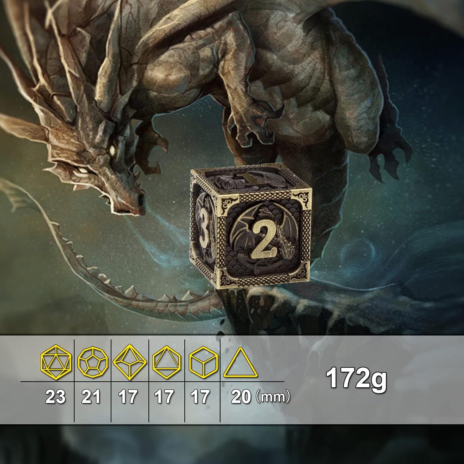 Juego de Dados D&D PJOY de Metal Dragón Antiguo con Estuche